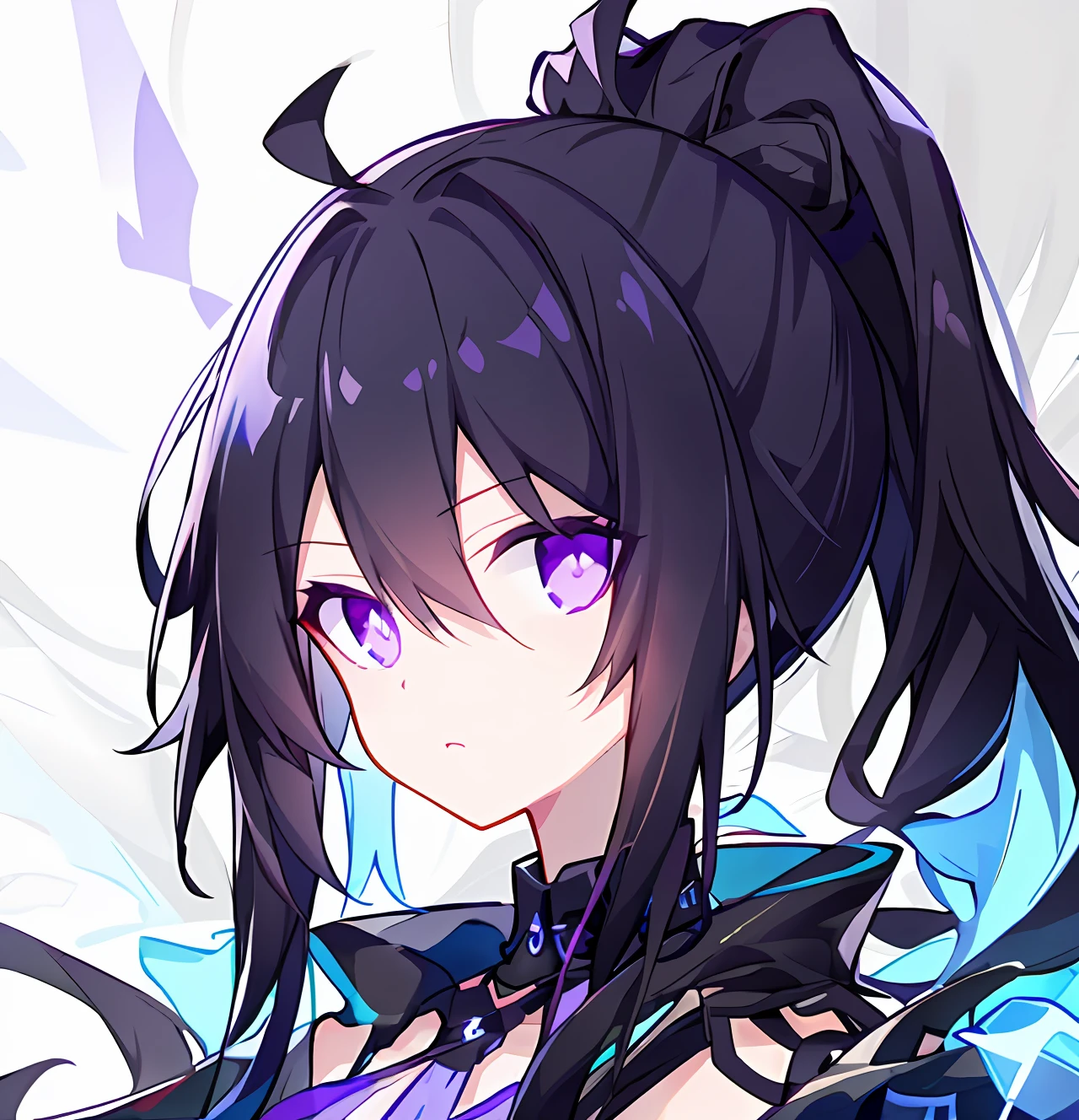 Black color hair，with high ponytail，Adult female with purple eyes，The expression is serious，The expression is cold