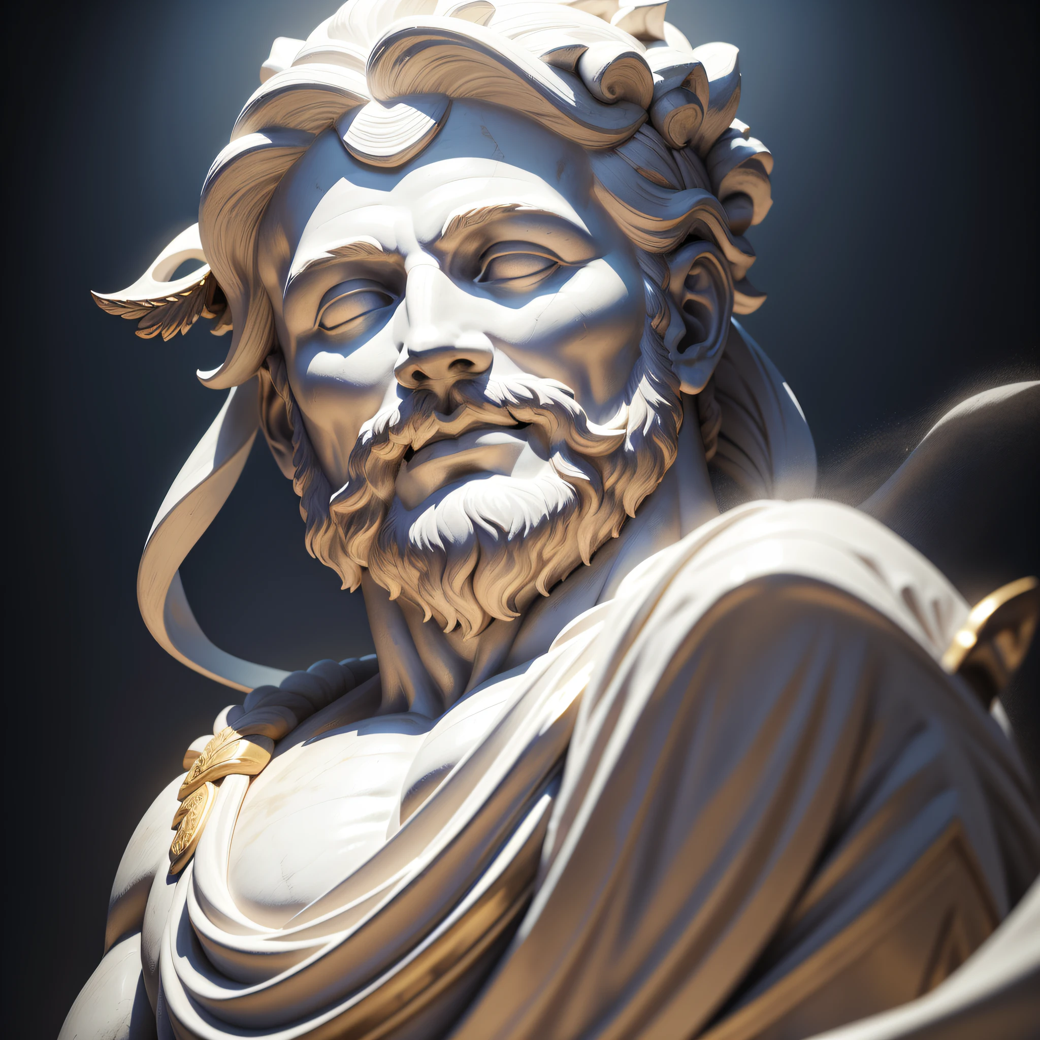 A realistic full-length Greek white marble statue of Zeno of Scythia smiling cheerfully amused wearing a ghostly toga, fundo neutro, Moody, , fotorrealista, cinematographic scene, super detalhada, hiper realista, luzes brilhantes, 8 K