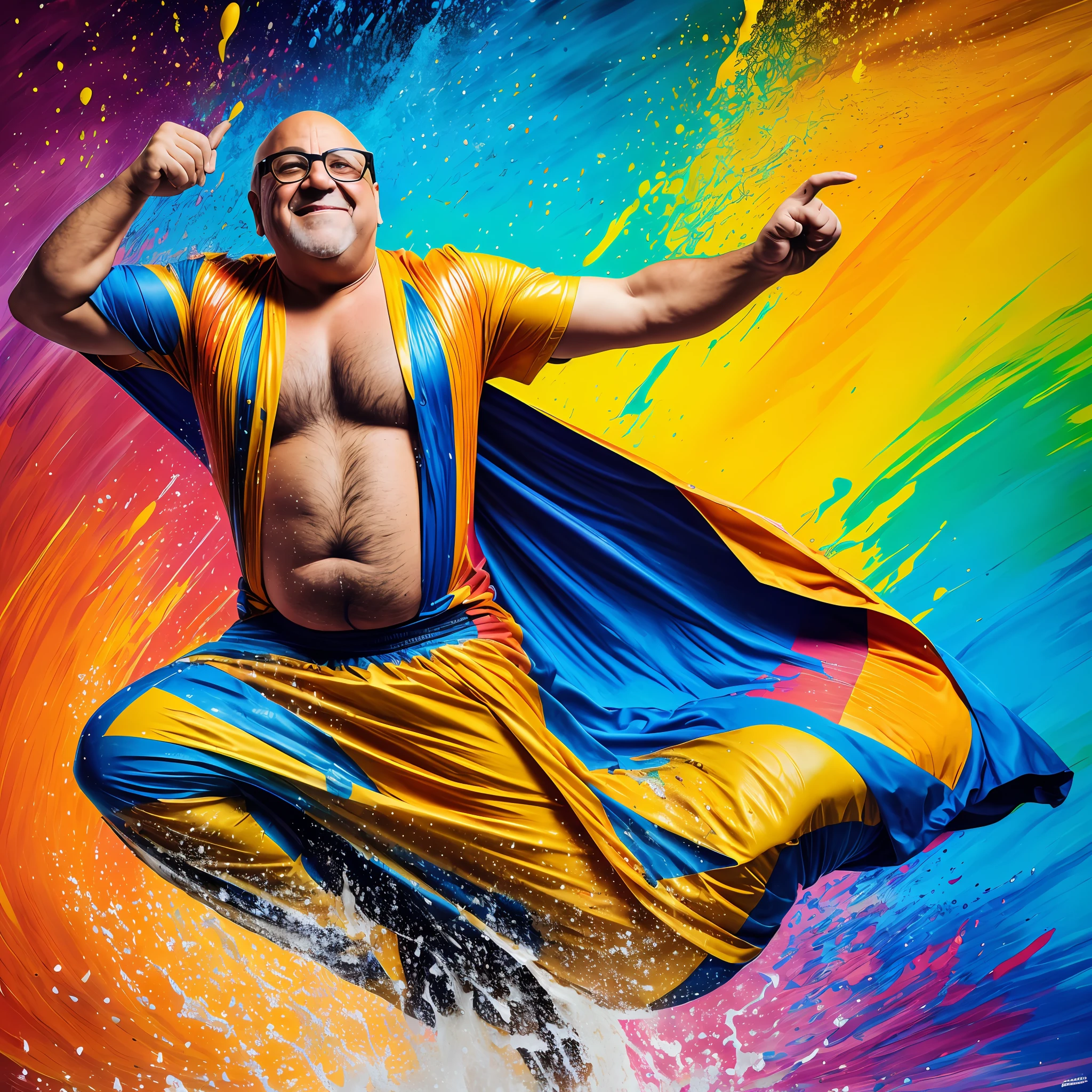 Danny Devito sliding down a liquid rainbow, full body shot, Best quality, masterpiece, ultra high res, raw photo, Paint rain, thick hair, covered with , calm facial expression, relaxed, gentle smile, as clothing, face, shoulders, dynamic pose, details, black background, no , frame, splatter, extreme detail, 3d, 8k, , on the , voluminous but still long bald top, raining . By Joshua Holford Photography Award Winning and Flare fz80. araffe man blue yellow his , portrait of , artist wearing dirty, circus , fully in colorful , inspired Candido Bido, , weird expressionist , splash color, frank reynolds, colored , made , dramatic portraiture namenlos --auto