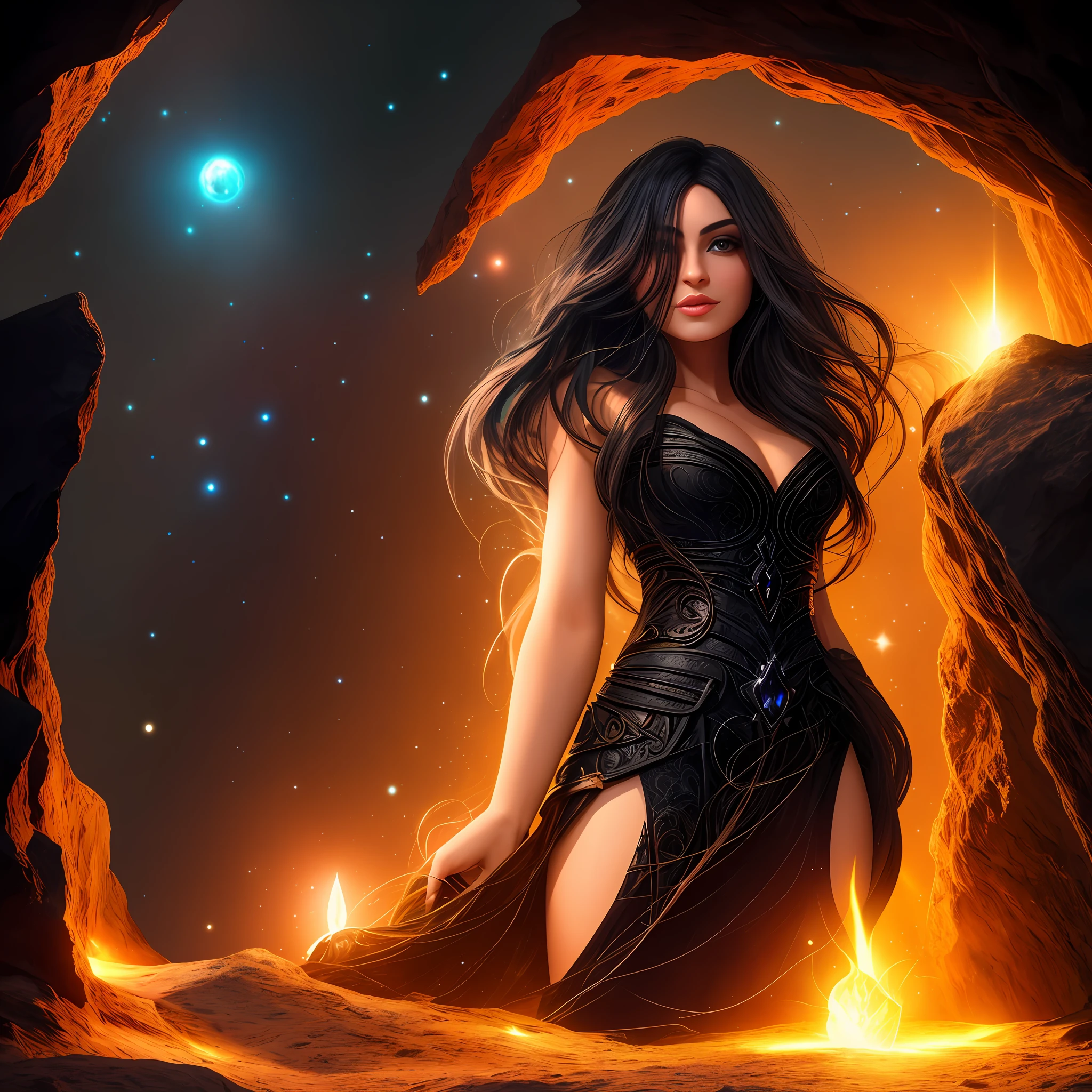 Linda mulher com olhar penetrante, cabelos negros, Gothic dress, Bottom of a cave with cosmic light coming from inside, magical ambiance, detalhes intrincados, alta qualidade