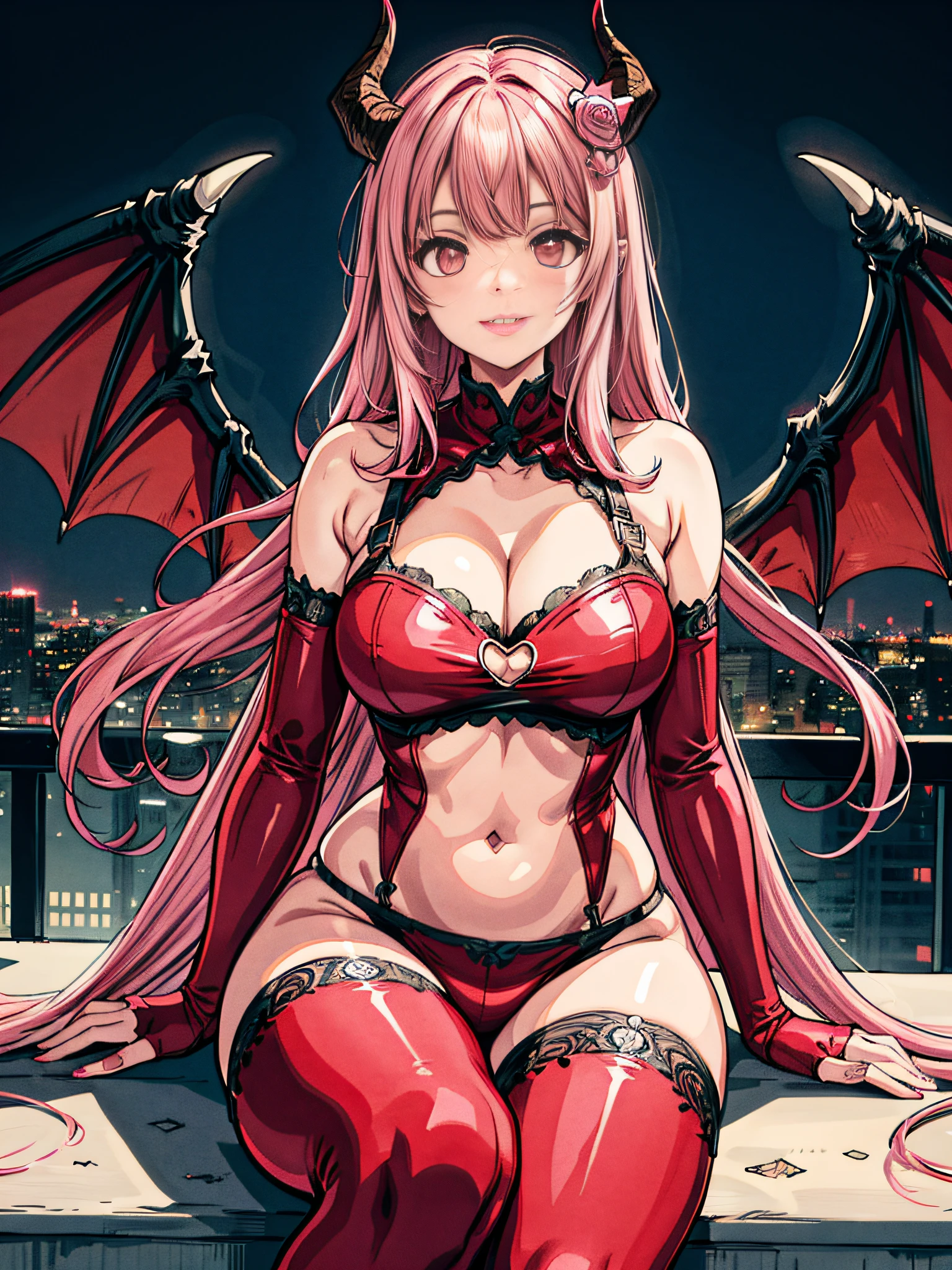 1 demon girl, Horns, Demon wings, Tail, Pink Long Hair, Glowing eyes, Hair ornaments, Red clothes, Provocative, attractive smile, break dance, on a rooftop, Night, view the viewer, Middle Ages, Intricate, Cherry pink theme, Pink tone, illustration, underdressing,pantiess,navel,cleavage,Large breasts,