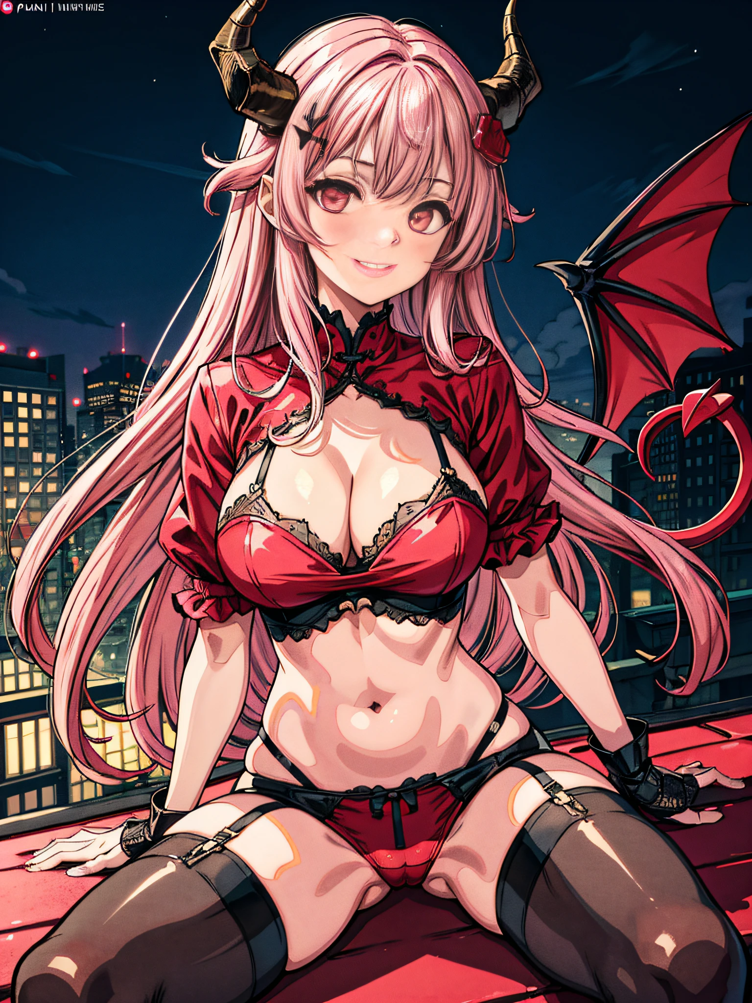 1 demon girl, Horns, Demon wings, Tail, Pink Long Hair, Glowing eyes, Hair ornaments, Red clothes, Provocative, attractive smile, break dance, on a rooftop, Night, view the viewer, Middle Ages, Intricate, Cherry pink theme, Pink tone, illustration, underdressing,pantiess,navel,cleavage,Large breasts,