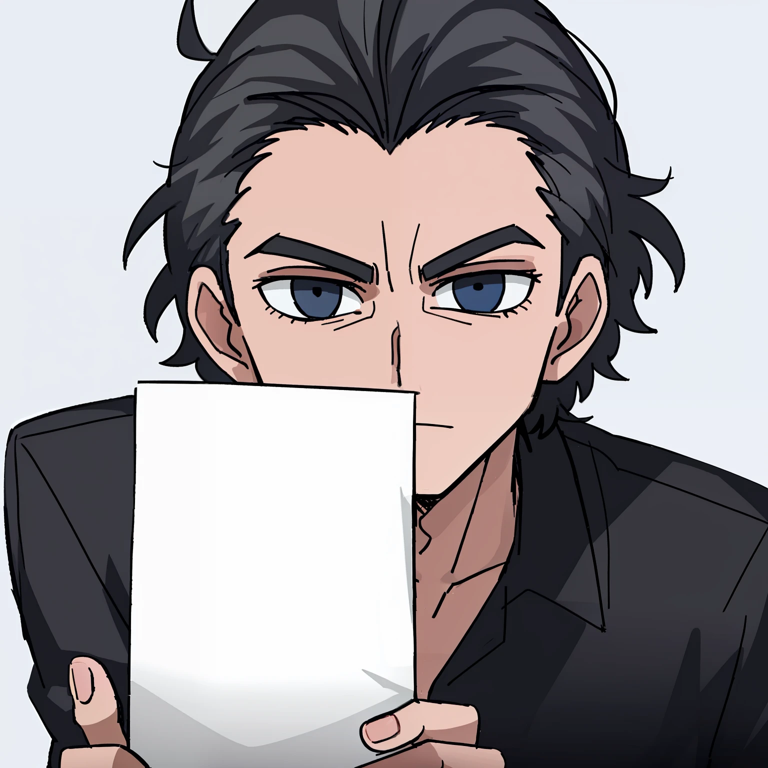 Man with dark hair posing with a sheet of paper, holding a sheet of A4 paper in front of the viewer
