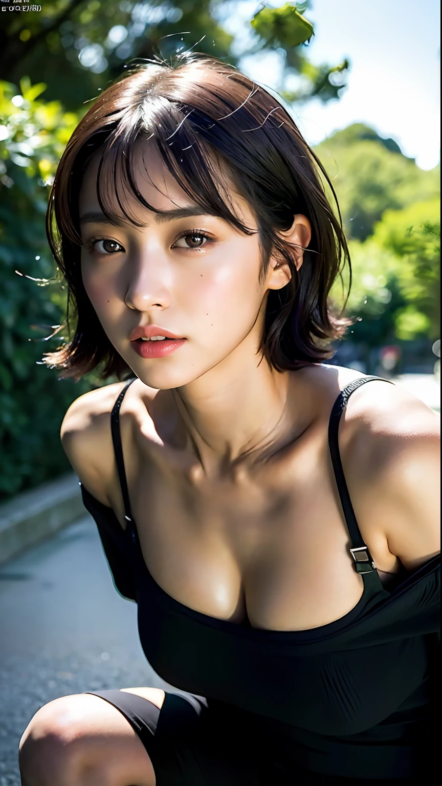 (Best quality, 8k, 32k, Masterpiece, UHD:1.2),Photo of Pretty Japanese woman,black short hair,beauty face,(leaning forward:1.3),squatting,(from above:1.2),(close up:1.4),pov,loose t-shirt,large breasts,(beautiful nipple slip:0.9),outdoors,windy,shiny skin,blurry background,