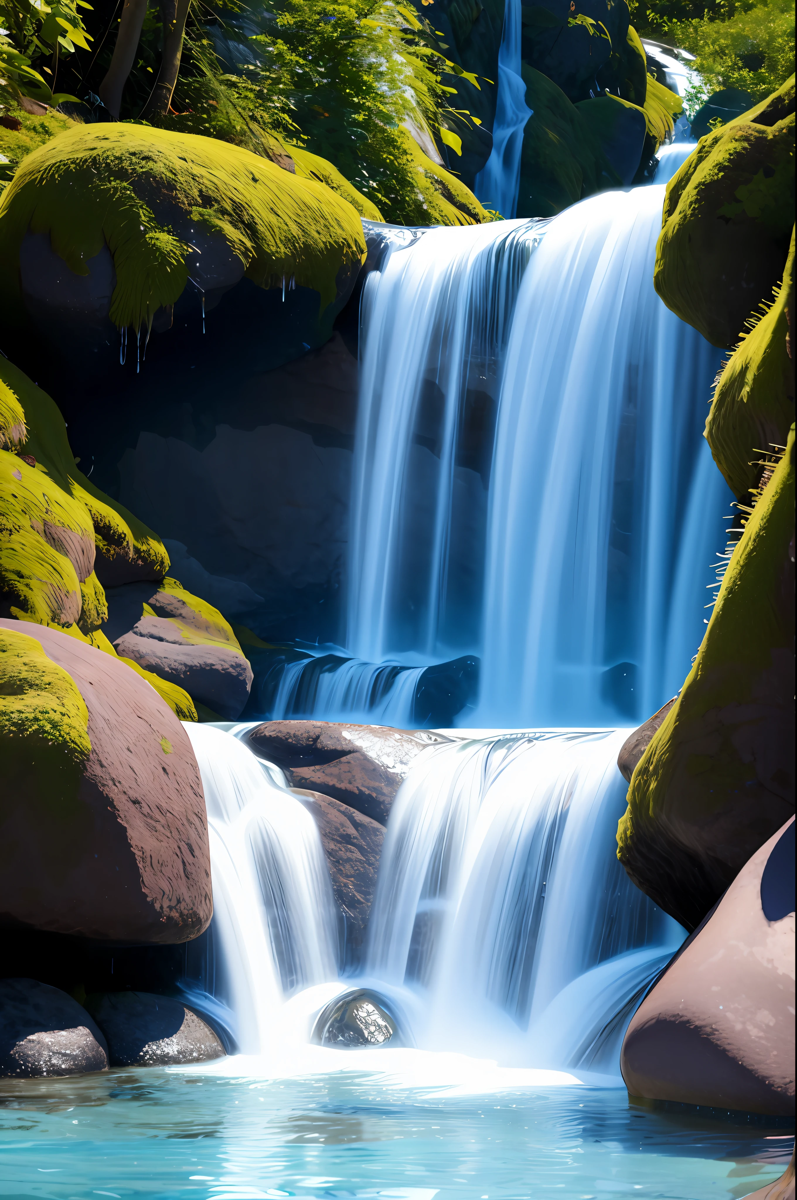 (8K, masterpiece), (best quality), (excellent quality), (extremely full detailed), realistic, splashingwater, water drop, wonderful waterfall, wet rocks, big pool, mysterious deep forest, blue sky, high daylight, HQ -urp