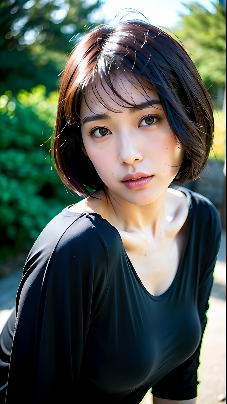 (Best quality, 8k, 32k, Masterpiece, UHD:1.2),Photo of Pretty Japanese woman,black short hair,beauty face,(leaning forward:1.3),squatting,(from above:1.2),(close up:1.4),pov,loose t-shirt,large breasts,(beautiful nipple slip:0.9),outdoors,windy,shiny skin,blurry background,