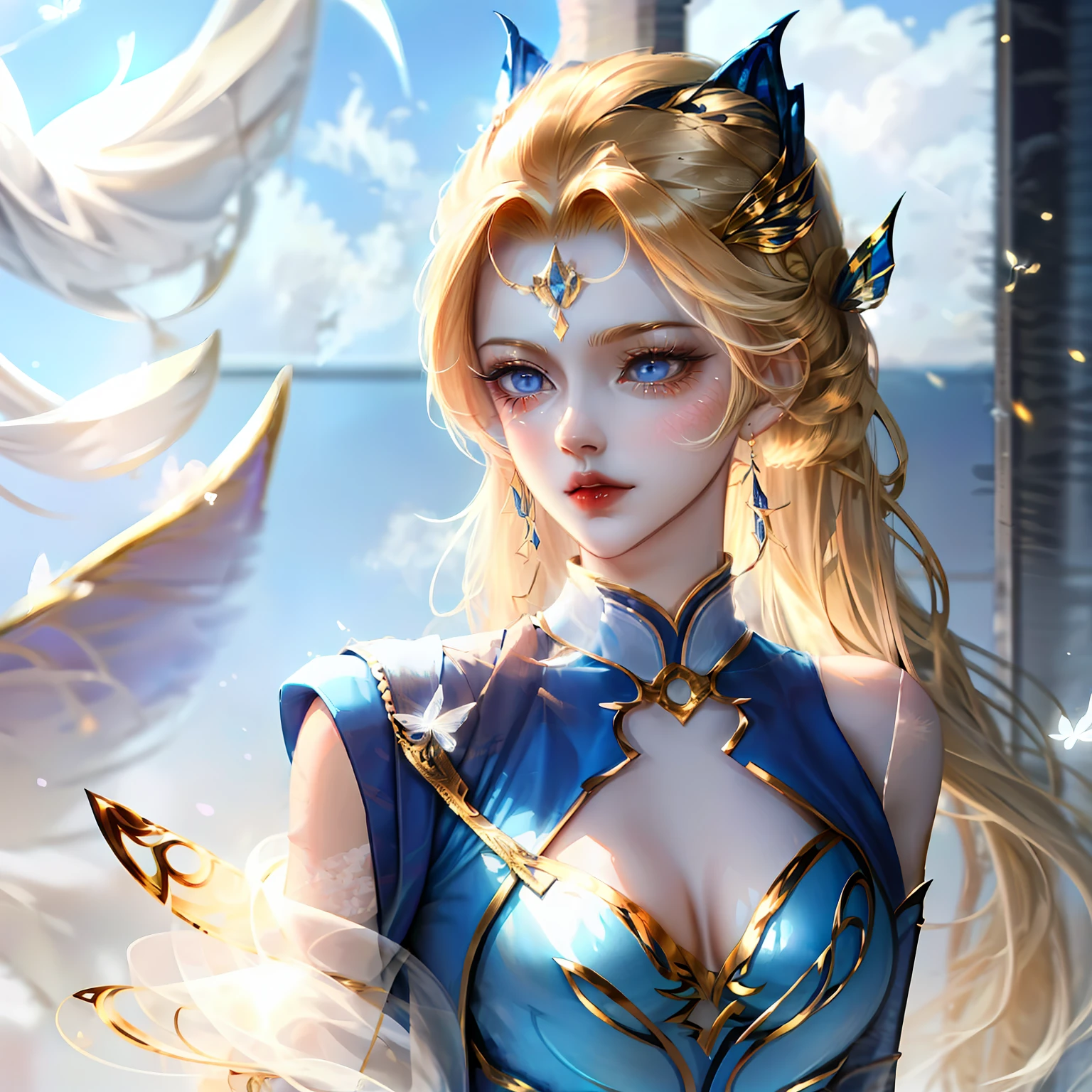 She has elegant blonde ponytails and striking blue cat eyes. Her attire exudes power and sophistication in a stylish pantsuit. She embodies the essence of a confident demon, radiating CEO-like confidence. Completing her enchanting aura, a pair of exquisite butterfly wings gracefully adorns her back.