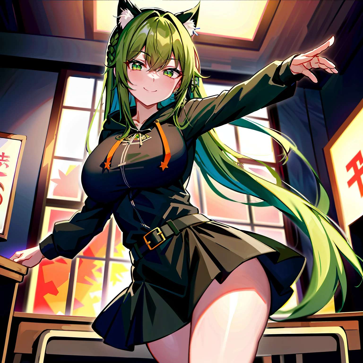 2d,tmasterpiece,Best quality at best,anime big breast,Very detailed eyes,very vey very detailed face,very highly detailed background,Perfect lighting,cowboy lens,foot out of frame,1girl,独奏,Classroom,monika \(Doki Doki Literary Club\) , doki doki Faculty of Letters, Green hair, Extra-long hair, Coiled hair in the hood, Green eyes, Black shirt, Black cargo pants , There are orange kitten prints on the clothes,On the clothes there is the inscription Звезда по имени Солнце, standing on your feet, (forward leaning:0.8), (Behind the arm:1.2),ssmile