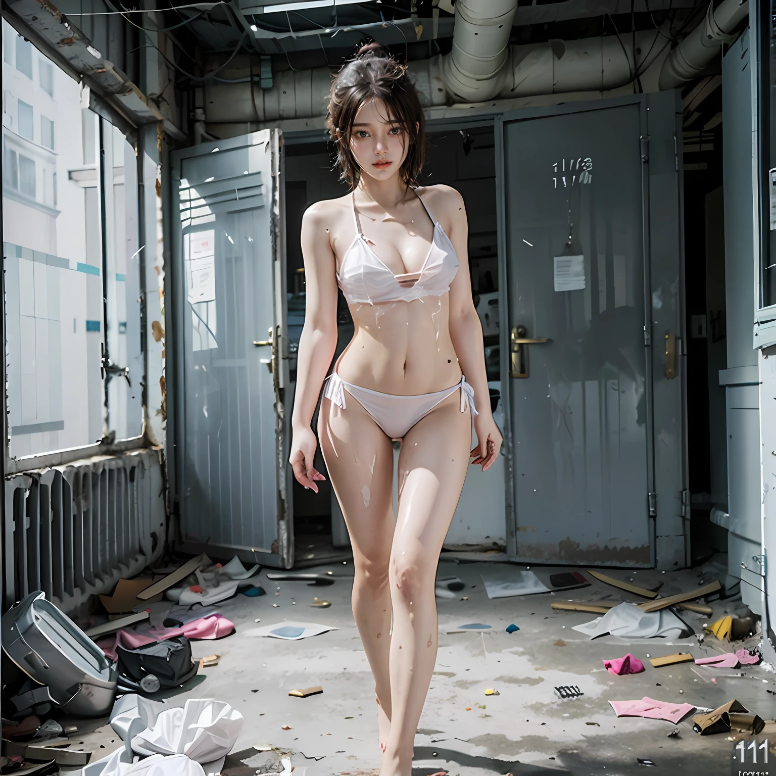 Abandoned school, broken tables, posters on the wall, concrete corridors, littered garbage (1.2), covered windows and cramped spaces, Resident Evil, Best Quality, Full Body Portrait (1:1), Delicate Face, 18-year-old girl, slim slender figure, skinny, smaller bust, pink, white transparent bikini, looming, panties to crotch, barefoot, sweat (1:2), sloppy, white viscous liquid (1:2), dirty (1:2), horror (1:2), dark ( 1:2)