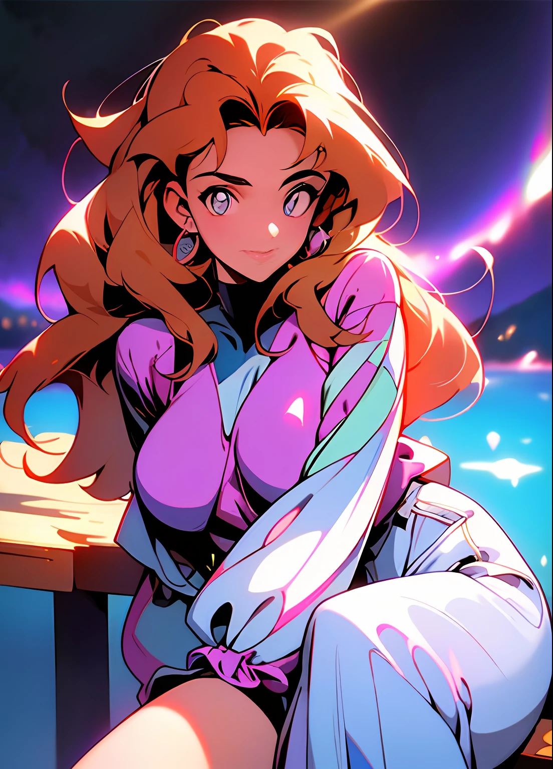90's anime style,tmasterpiece,best qualityer,highest quality,realisticlying,perfectanatomy,perfectface,Perfect eyes,long eyelasher,largeeyes,Face shot,closeup of face,Low light,rays of moonlight,orthofacial,sitting down,Dazzling,Brown hair long,ssmile,the night,(galactic) As estrelas✨,natta,darkly,starrysky,🌌,looking at the stars,(Black pupils),eye closeds😝,mountain ranges,in a panoramic view