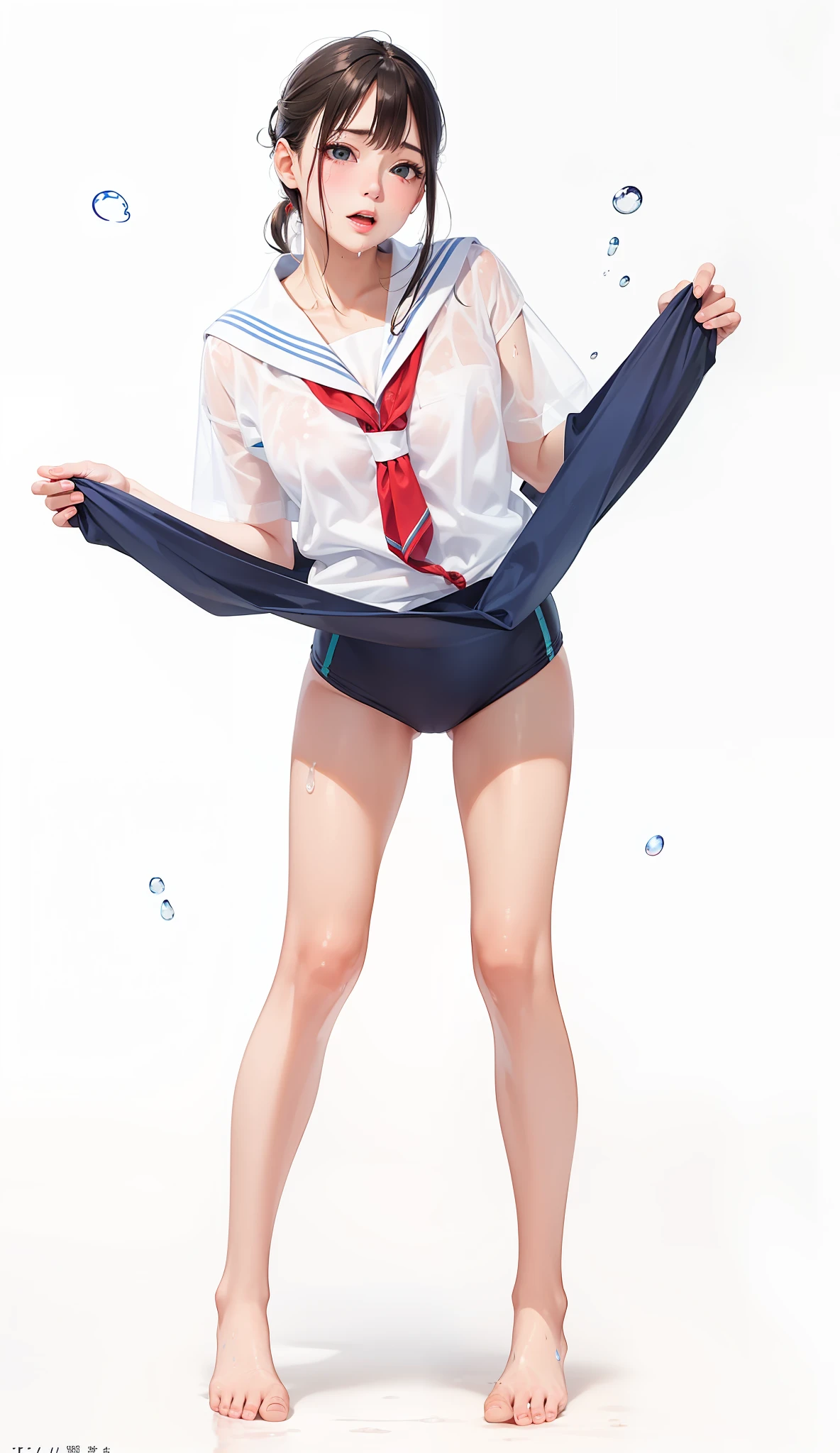 ((top-quality))、((masterpiece))、1girl in、Formal-up、beautiful detailed eyes and face、pretty skin、Realistic、a very cute、22year old、School swim wear(Dark blue color、Simple design、Matte texture、Wrinkle、Wet、Polyester material、shadings、)Wet body、Anime Face、Beautie、Facing the front、big eye(Beautiful fece、Anime Face、Clear eyes、Fine details、beautidful eyes)Well-formed face(Beautiful nasal muscles、Perplexed、sharp mouth)full of sweat、sodden、Wet feeling、Background with(sunny sky、takeout)、8K picture quality、perfectly proportions、A slender、red blush、female focus on, hair adornments,length hair, Look at viewers,((pee))((pissing))((water dripping))