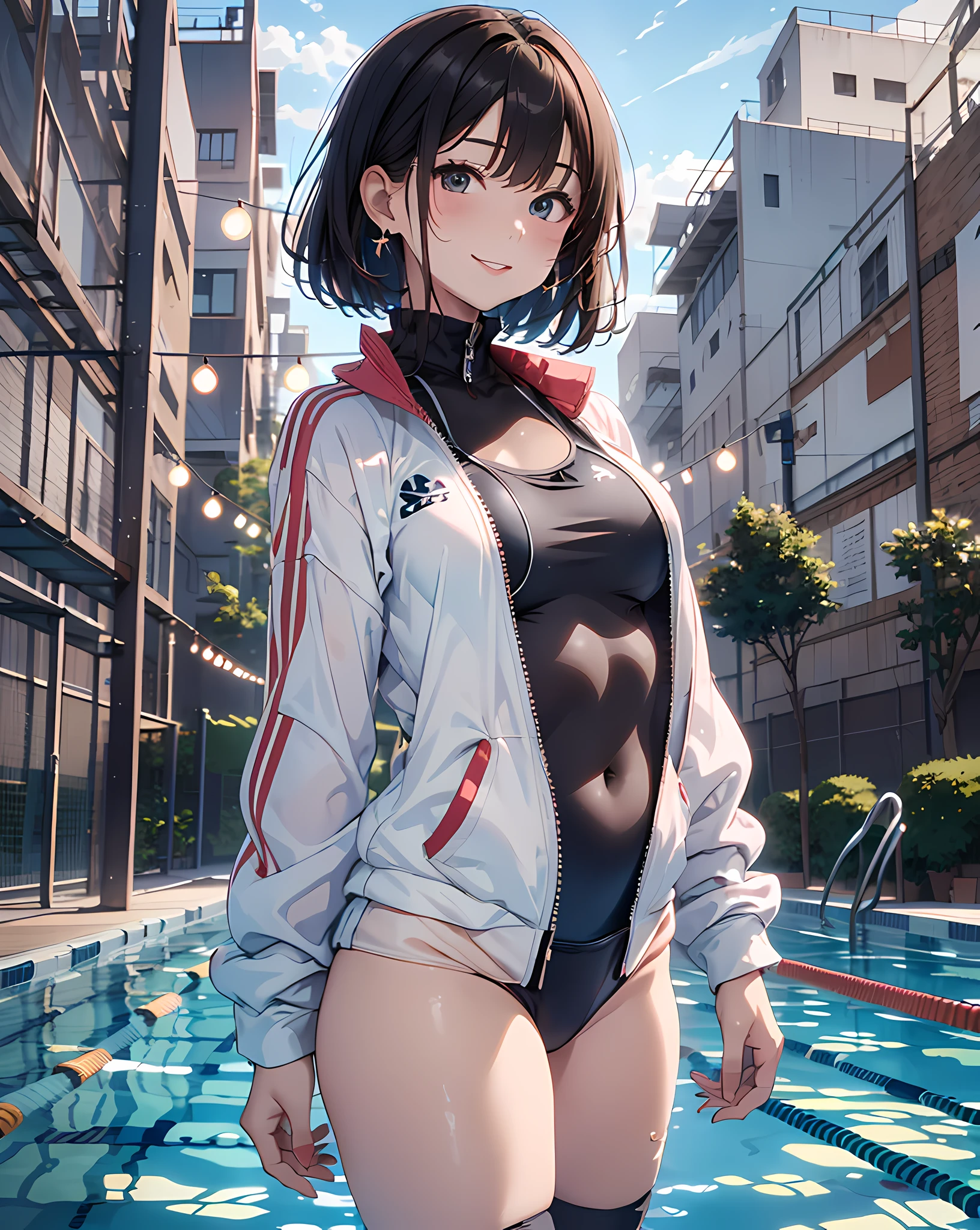 (masterpiece, best quality:1.37), highres, ultra-detailed, ultra-sharp, BREAK, Korean school idol, (((1girl:1.37, solo))), (beautiful anime face, cute face, detailed face), (black hair, thin hair, short hair, bangs, hime-cut), detailed beautiful cyan eyes, BREAK, ((red short tracksuit, Parted clothes at the top and bottom:1.5, (wear tracksuit top over school swimsuit:1.2), (tracksuit covers the bosom of the swimsuit:1.1), (blue one-piece swimsuit:0.8), (white thighhighs:1.2), loafers,)), BREAK, lovely look, water melon earing, detailed clothes), light smile, closed mouth, parted lips, pink lipstick, BREAK, ((standing, arms behind back,:1.3, cowboy shot)), detailed human hands, HDTV:1.2, ((detailed competition pool view background:1.3)), 8 life size, slender, anime style, anime style school girl, perfect anatomy, perfect proportion, inspiration from Kyoto animation and A-1 picture, late evening, excellent lighting, bright colors, clean lines, photorealistic