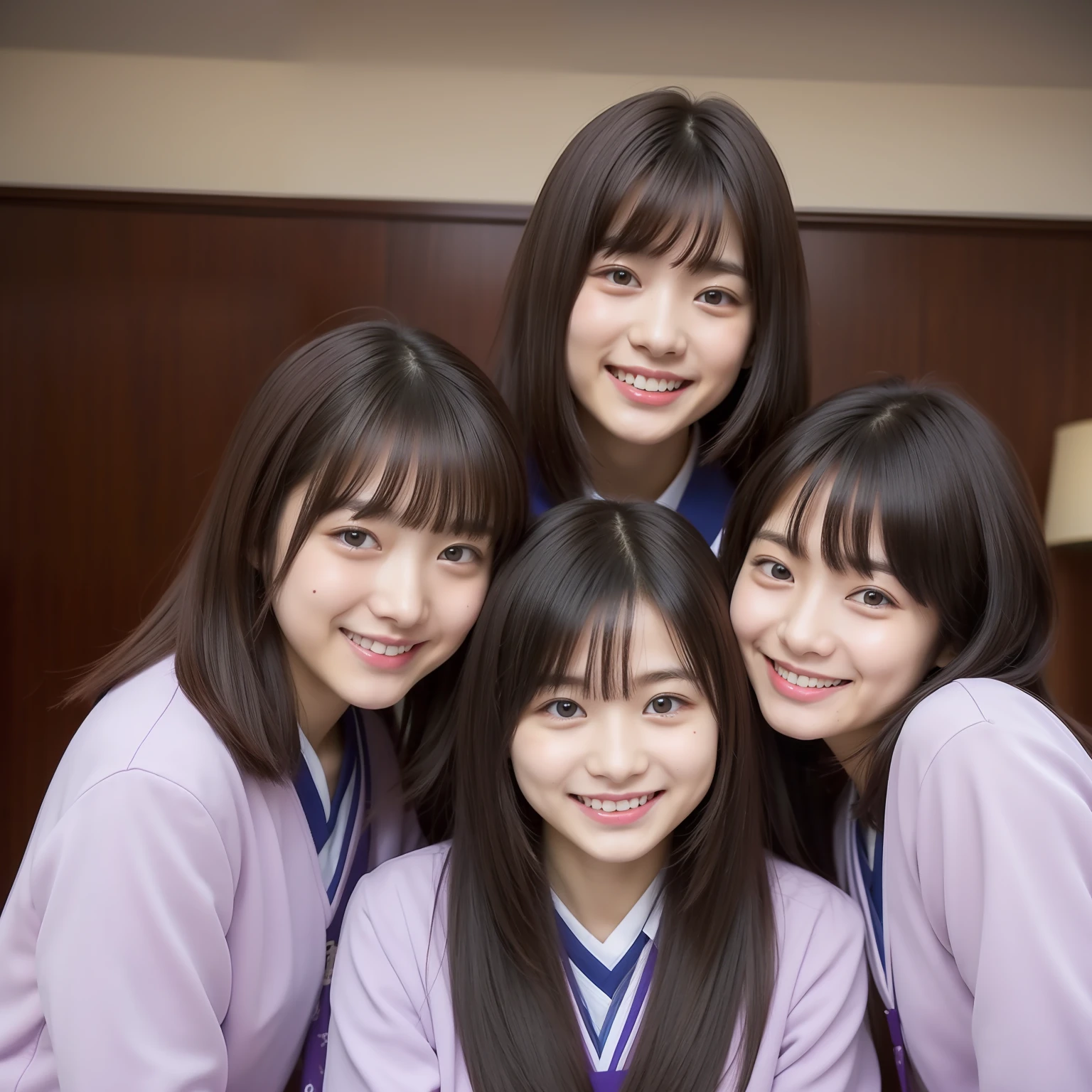 Nogizaka 46 Girls、3 beautiful girls、student clothes、NSFW、17 age、head shot、Coming to the hotel、A smile