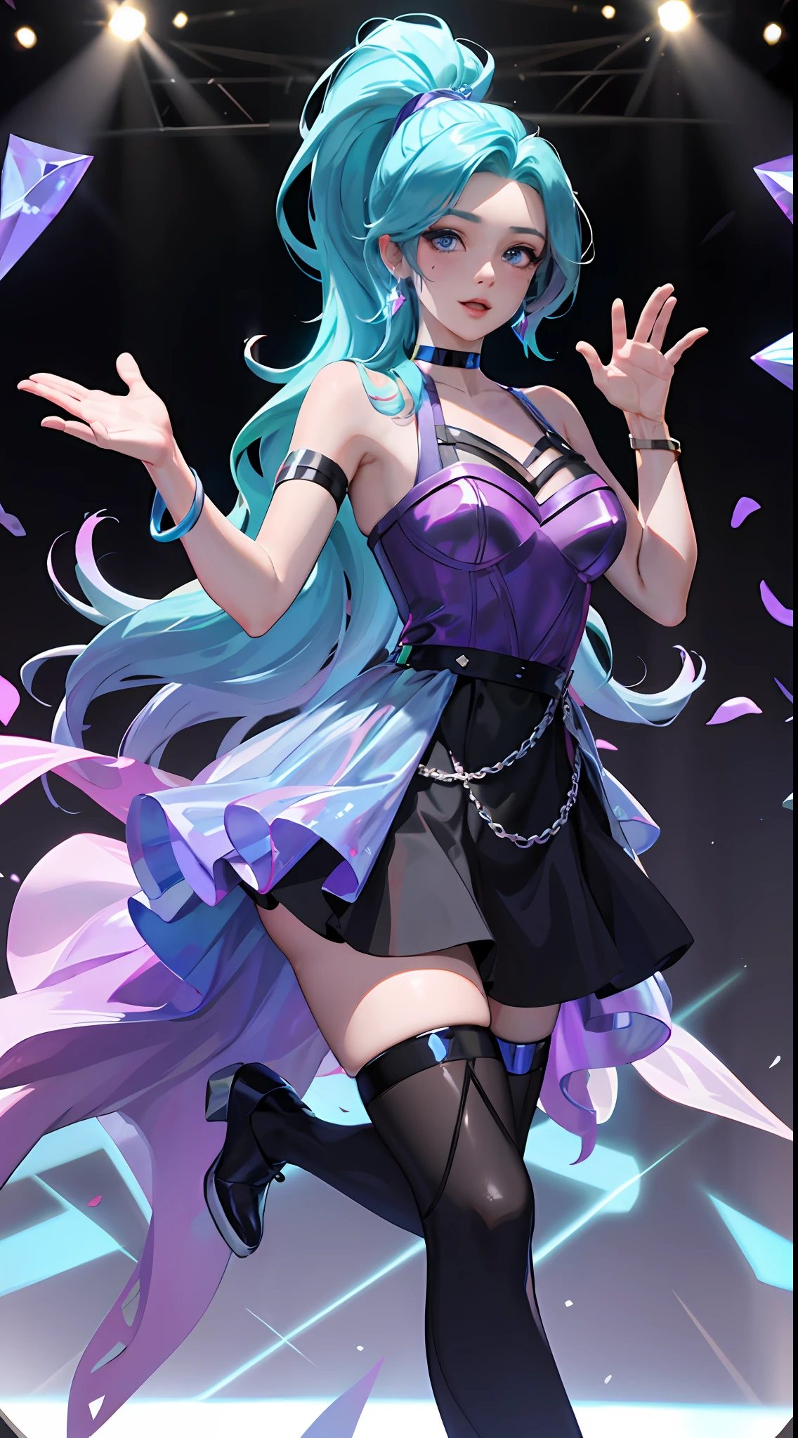 masterpiece, best quality, highres, seraphine1, 1girl, solo, blue hair, k/da \(league of legends\), very long hair, multicolored hair, jewelry, ponytail, blue eyes, earrings, dress, black choker, two-tone hair, purple hair, black thighhighs, bracelet, black skirt, crystal, large breasts, on the stage, waving