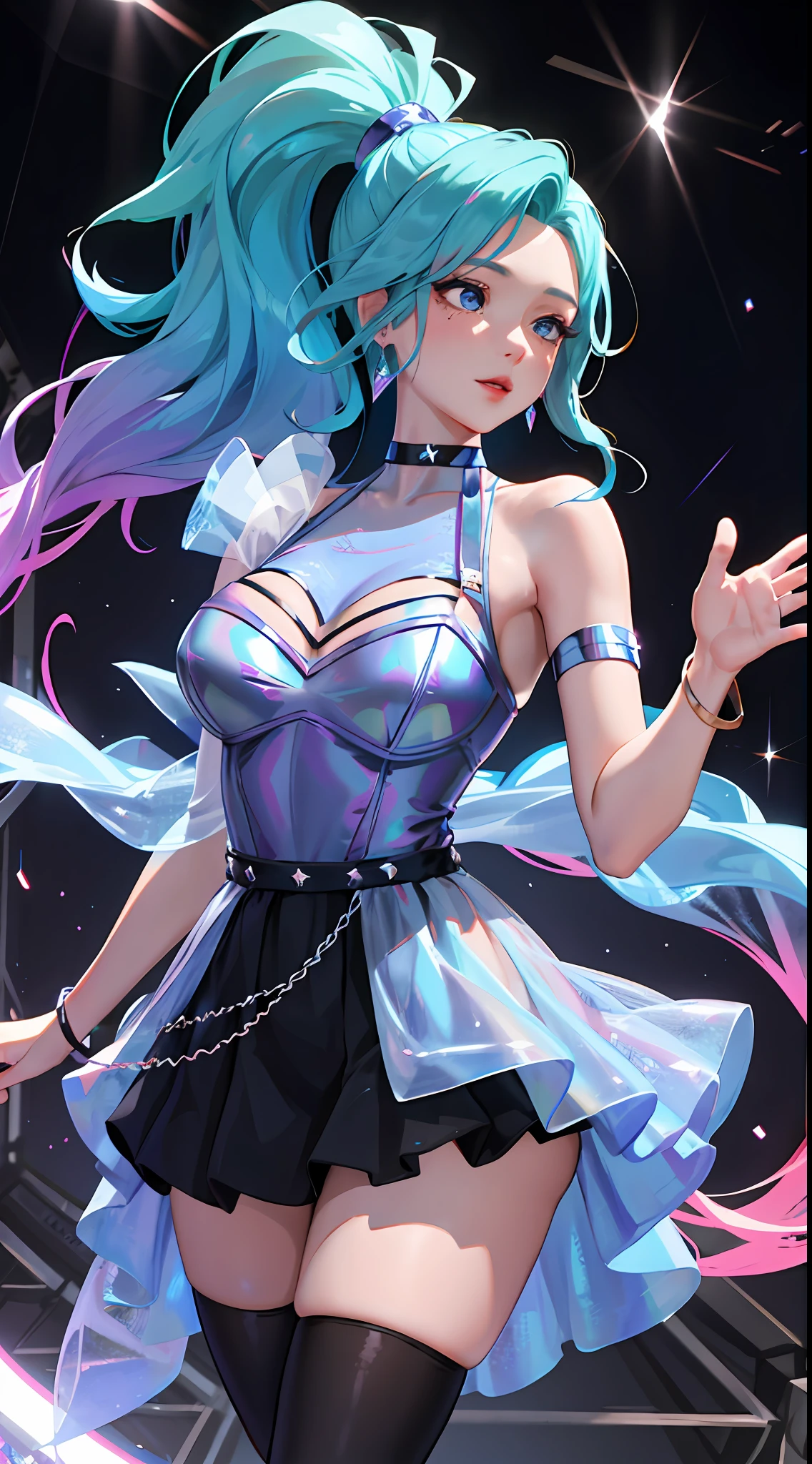 masterpiece, best quality, highres, seraphine1, 1girl, solo, blue hair, k/da \(league of legends\), very long hair, multicolored hair, jewelry, ponytail, blue eyes, earrings, dress, black choker, two-tone hair, purple hair, black thighhighs, bracelet, black skirt, crystal, large breasts, on the stage, waving