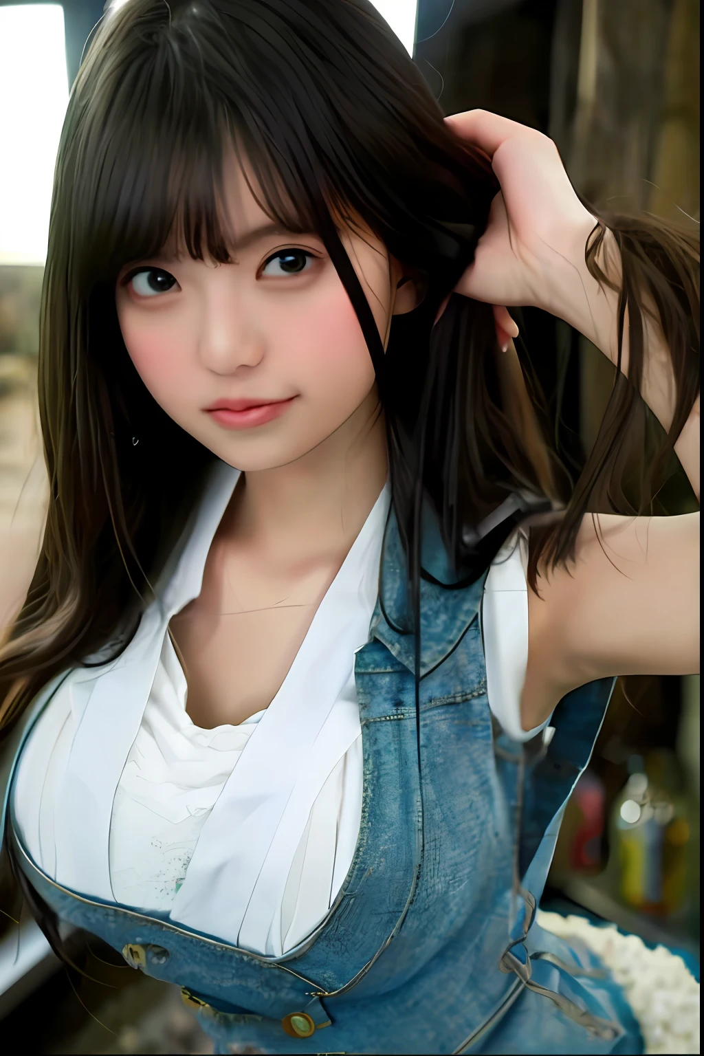 ((Women are sexy,Worn-out tapped cotton vest in a cluttered barn)),((Detailed and realistic face and eyes)),cinmatic lighting,8K分辨率,(model shoot style),the sunset,(from_below:1.4),Soft little lid(Torn cotton vest)Natural breasts,gigantic cleavage breasts,Raised ,Get wet all over your body,Pose with your hips facing you