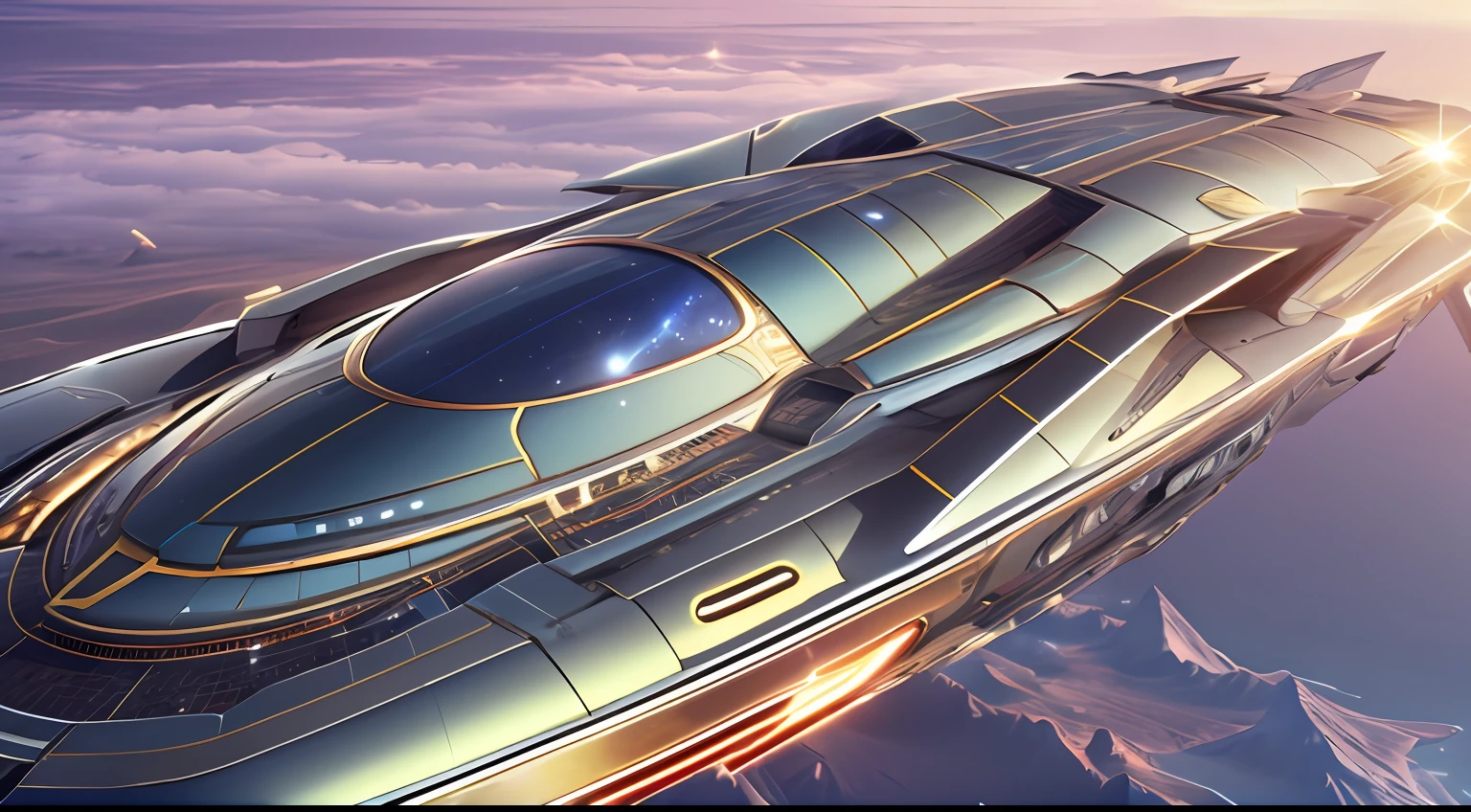 Starship，Random shape，The future is full of technology，Complex symmetrical structure，Ultra-detailed graphics，LED lights flashing，（Starships have a strong metallic sheen：1.3），Cockpit exterior，Close-up of medium and near，Silvertone，Streamlined，space scene：1.3，（（（Fly through the universe，Earth background：1.3））），rendering by octane，Ultra photo realsisim，hyper realisitc，A masterpiece of science fiction，Cinematic texture，hyper photorealism，Premium wallpapers，Master masterpieces，offical wallpaper.（Screen Living：1.3），bird's eyes view：1.3，3D,C4D, --v6