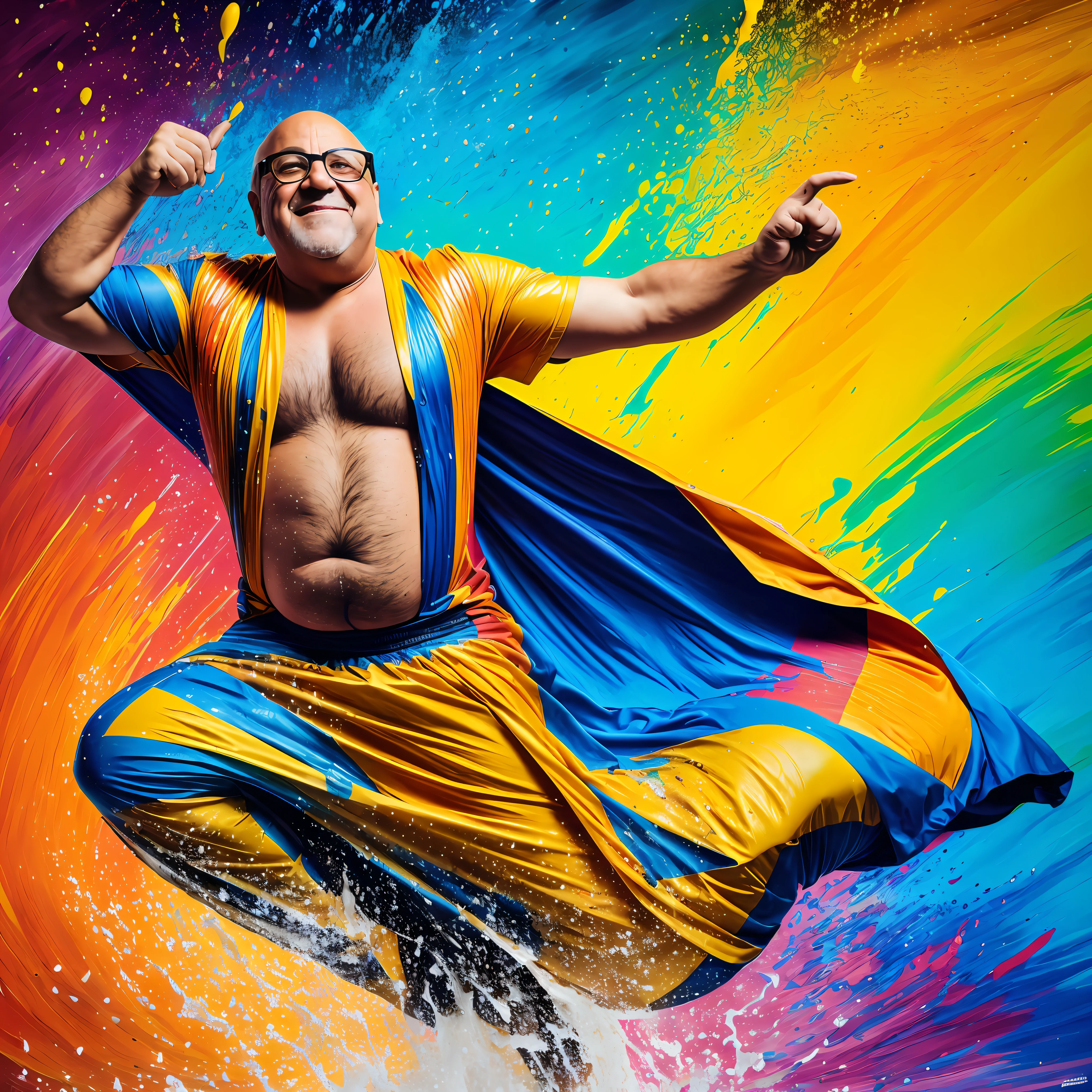Danny Devito sliding down a liquid rainbow, full body shot, Best quality, masterpiece, ultra high res, raw photo, Paint rain, thick hair, covered with , calm facial expression, relaxed, gentle smile, as clothing, face, shoulders, dynamic pose, details, black background, no , frame, splatter, extreme detail, 3d, 8k, , on the , voluminous but still long bald top, raining . By Joshua Holford Photography Award Winning and Flare fz80. araffe man blue yellow his , portrait of , artist wearing dirty, circus , fully in colorful , inspired Candido Bido, , weird expressionist , splash color, frank reynolds, colored , made , dramatic portraiture namenlos --auto
