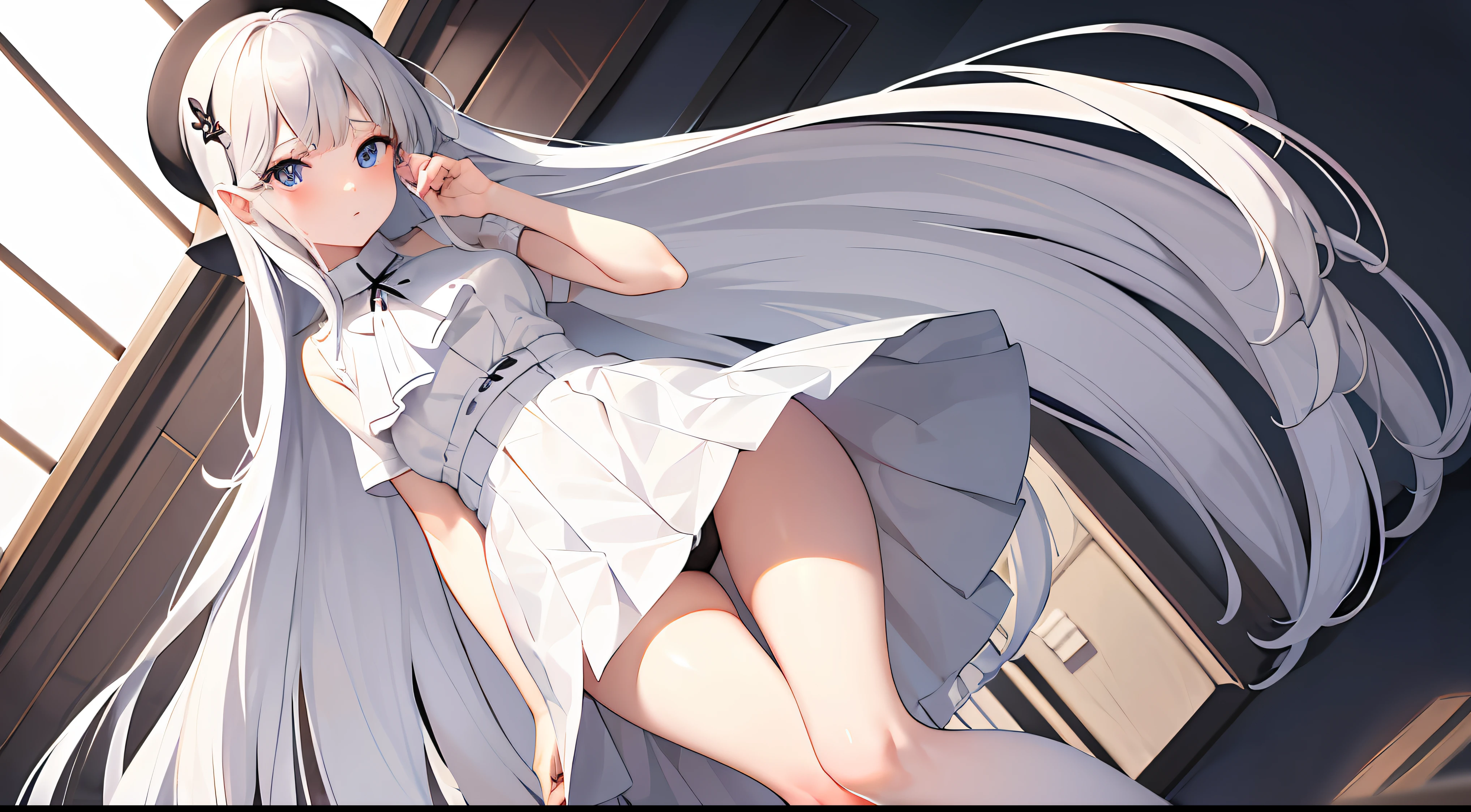 best quality,masterpiece,white background,white shirt,short pleated skirt,Fair skin,blunt bangs,gladient hair,loosen clothing around the neck,folding arms,look down on,standing up,extremely long hair,spreading hair,ivory hair,spreading legs,loafers,over knee socks,black socks,troll face