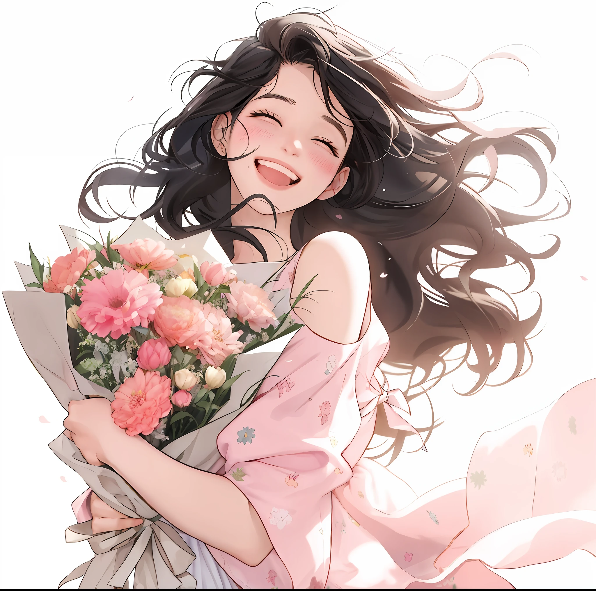 Anime girl holding flowers in her hand,With a smile on his face, With flowers, Guviz, she expressing joy, beautiful and smiling, laughing sweetly, Lovely smile, with a beautiful smile, Middle Metaverse, by Yang J, happy and spirited expression, and she smiling,Very happy, Guviz-style artwork
