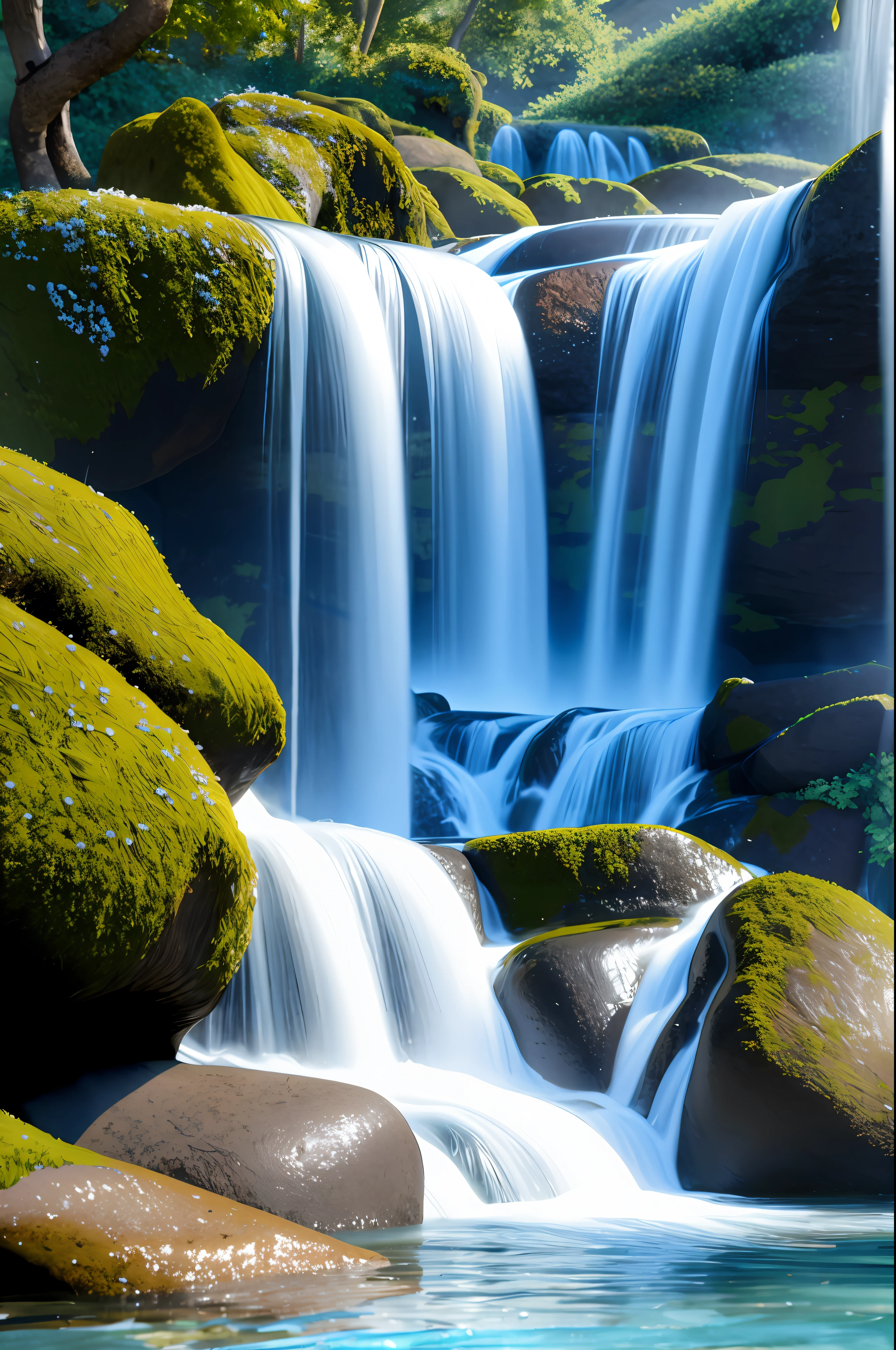 (8K, masterpiece), (best quality), (excellent quality), (extremely full detailed), realistic, splashingwater, water drop, wonderful waterfall, wet rocks, big pool, mysterious deep forest, blue sky, high daylight, HQ -urp