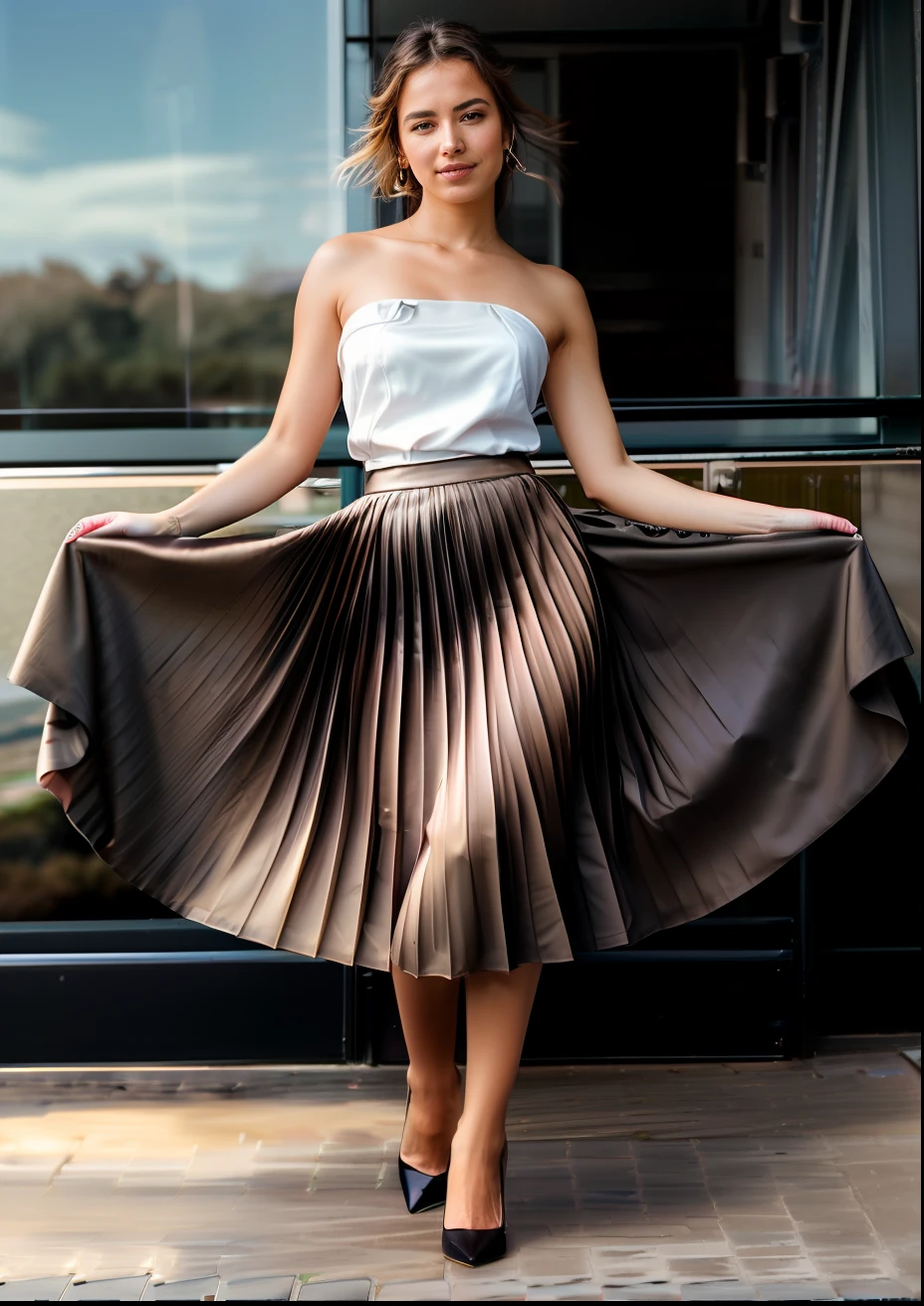 (very shy smiling) young woman, authentic (kind and tender) good woman wearing a short blazer with a very very detailed (long (fully pleated) full circle skirt) and (simple) low heeled office shoes, very very intricate hyper-detailed symmetric (attractive graceful young feminine face) with (sad, tired eyes and a shy smile), large breasts, full of empathy and compassion and love, (pronounced (feminine) features), (highly detailed ultra accurate realistic) hands and fingers, (windy conditions and wind blowing), epic composition, highly detailed attributes, highly detailed atmosphere, (35mm f1.4 Kodak portra 400 photograph), extremely high quality RAW photograph, detailed background, intricate, Exquisite details and textures,