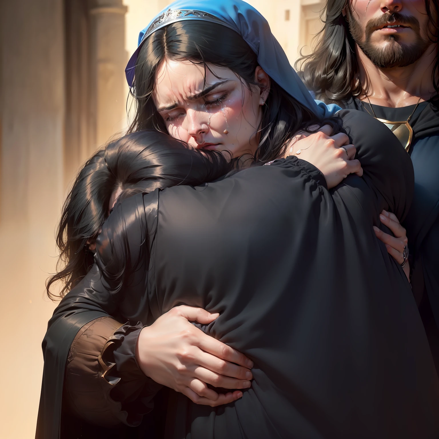 a closeup of a, (((ah high, Large male,His face is not visible, stands behind the woman's back))), (((hugs her with one hand))), (((Woman crying))), (((There is a cape on his head, Black hair frames her face))), (((tears flow from my eyes))), (((she suffers,grieving, Mourns)))