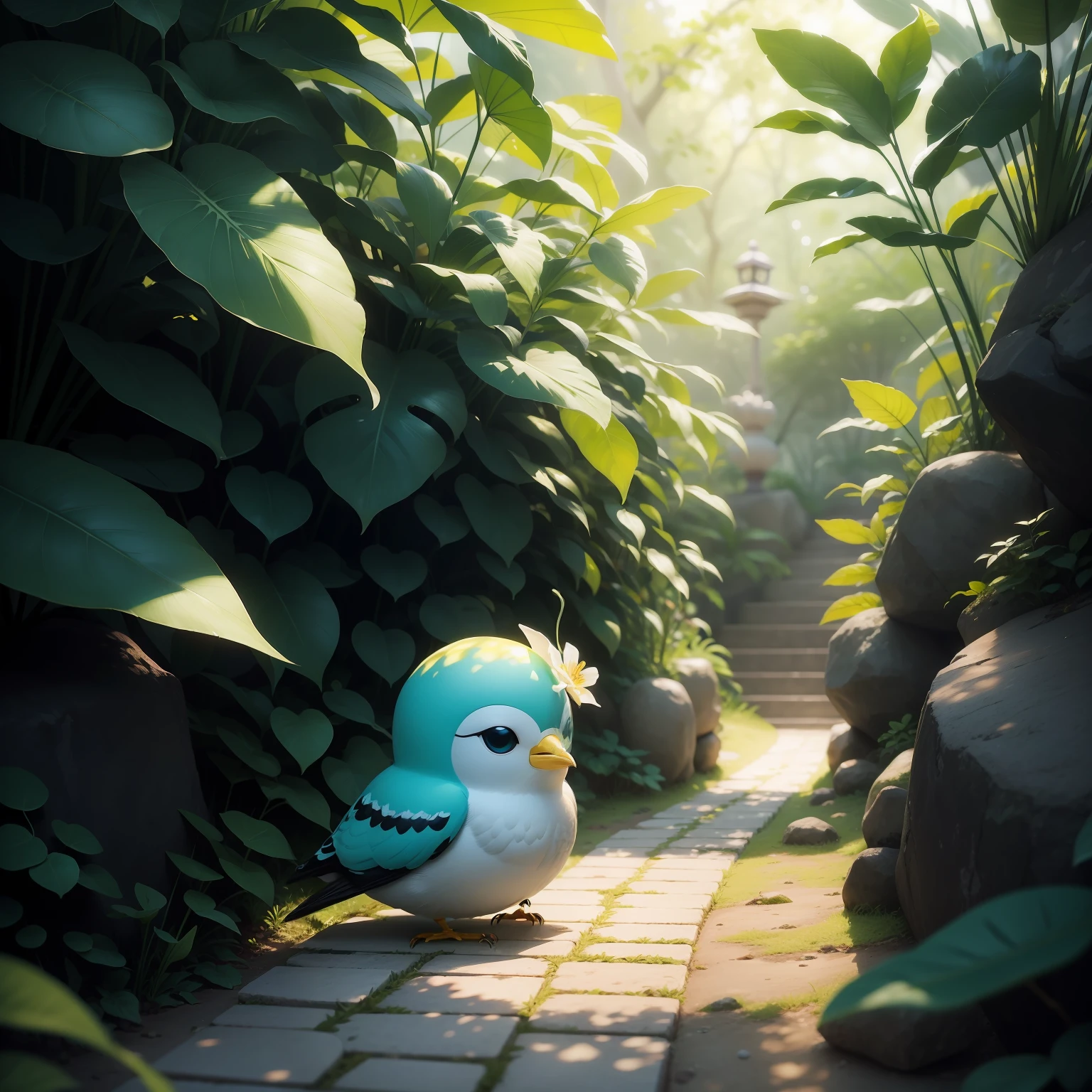 Calopsita branco com amarelo, bird, em um jardim encantado. Estilo Chibi, Hiper realista, super fofo, 8k, HD.