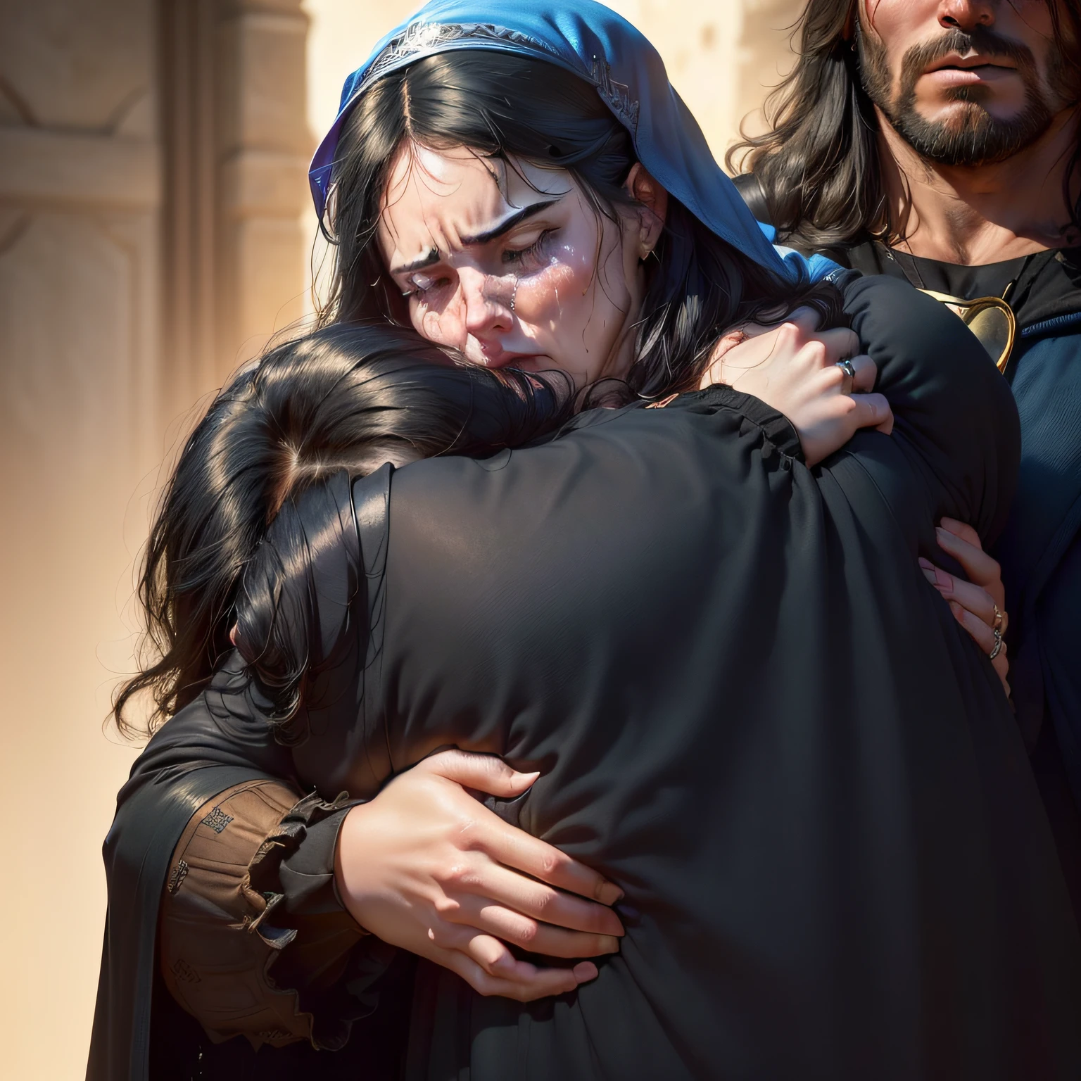 a closeup of a, (((ah high, Large male,His face is not visible, stands behind the woman's back))), (((hugs her with one hand))), (((Woman crying))), (((There is a cape on his head, Black hair frames her face))), (((tears flow from my eyes))), (((she suffers,grieving, Mourns)))