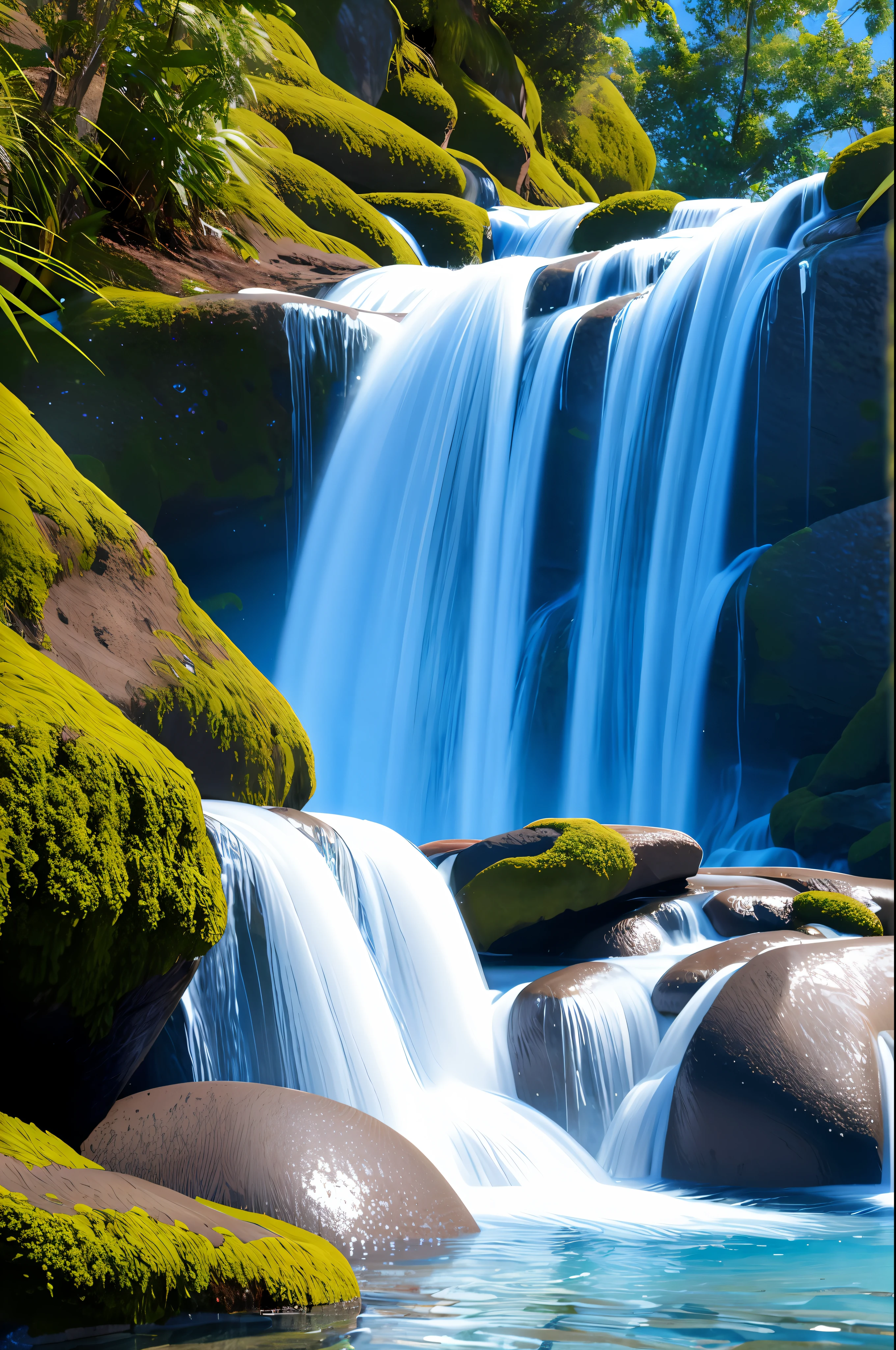 (8K, masterpiece), (best quality), (excellent quality), (extremely full detailed), realistic,  splashingwater, water drop, wonderful waterfall, wet rocks, big pool, mysterious deep forest,  blue sky, high daylight, HQ -urp