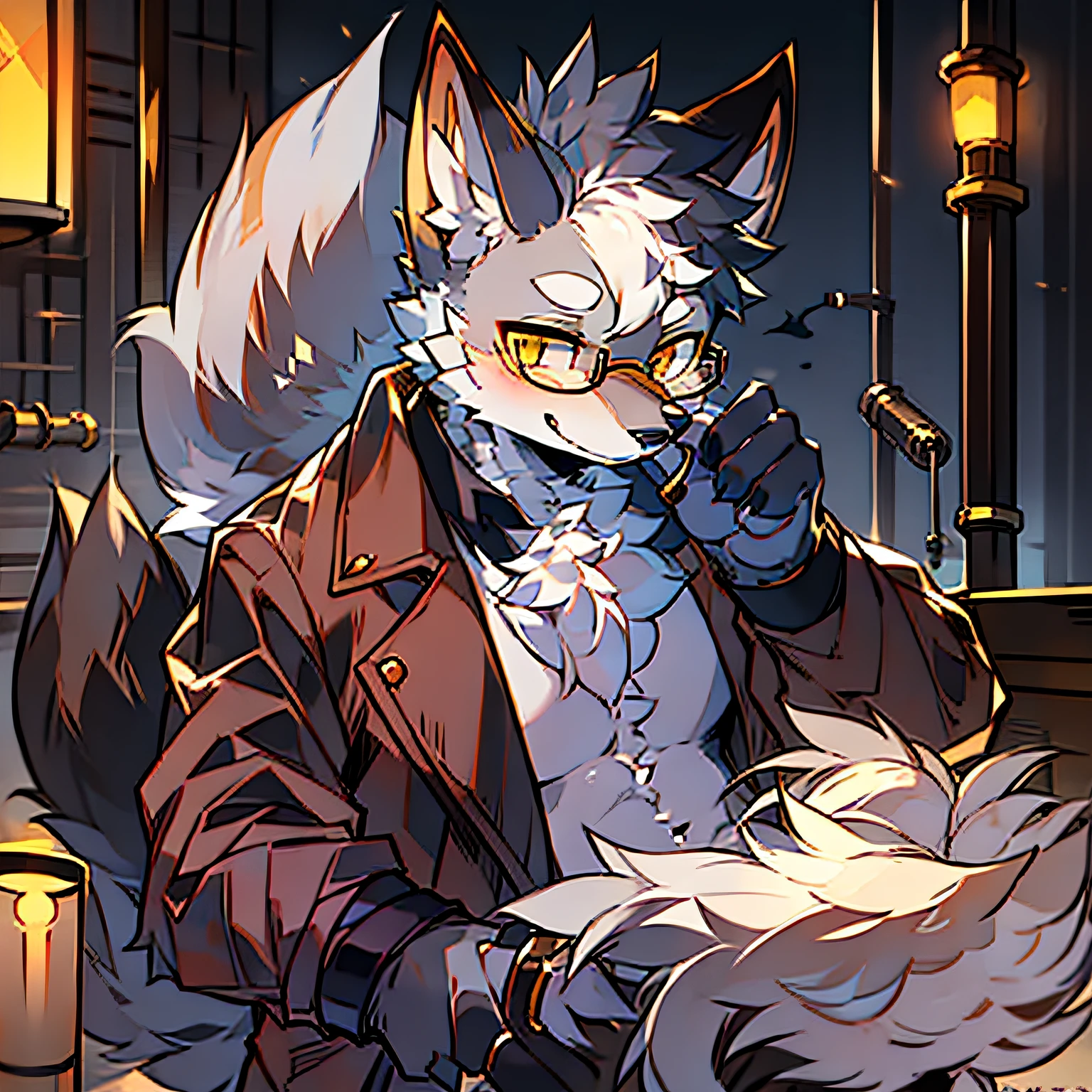 Single, furry male, furry, fox, arctic fox, canine, gray-black fur, golden eyes, glasses, pipe, detective