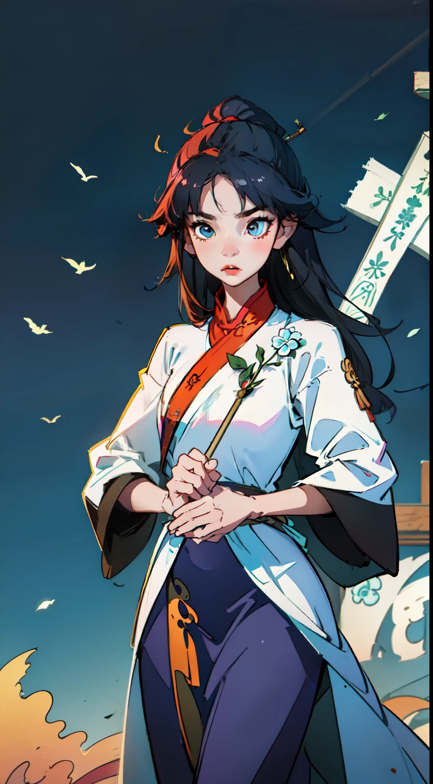 This female Taoist priest had a beautiful face，Has bright and deep eyes，The eyebrows are slender and straight。Her demeanor was solemn and serene，It reveals inner peace。She has a well-proportioned and slender figure，Wearing a loose Taoist robe，It is embroidered with delicate patterns。Her long hair was draped over her shoulders，Blowing in the breeze。She holds a wooden staff，Symbolizes her Taoist identity。The whole gives a mysterious and noble feeling。