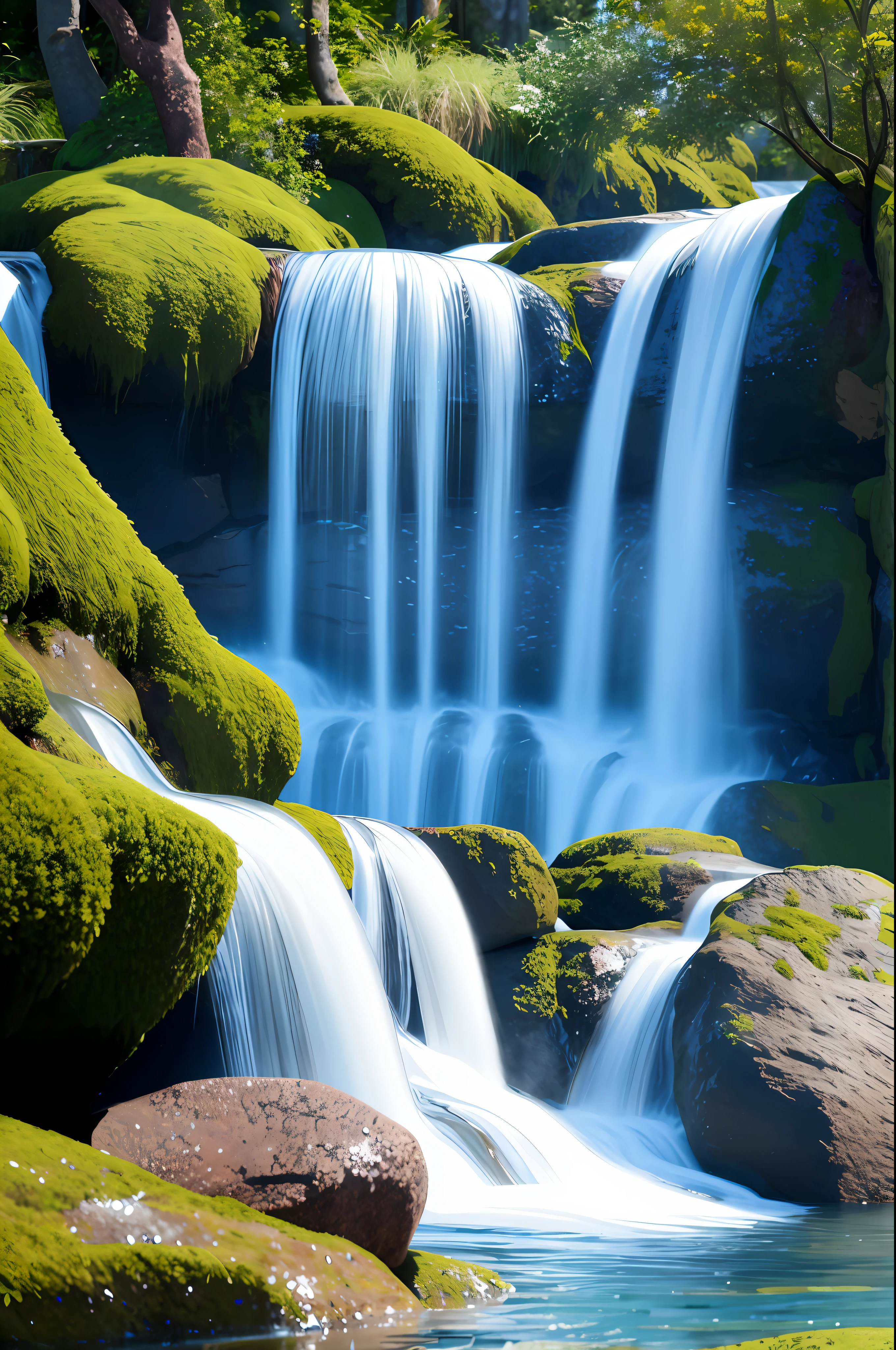(8K, masterpiece), (best quality), (excellent quality), (extremely full detailed), realistic, splashingwater, water drop, wonderful waterfall, wet rocks, big pool, mysterious deep forest, blue sky, high daylight, HQ -urp