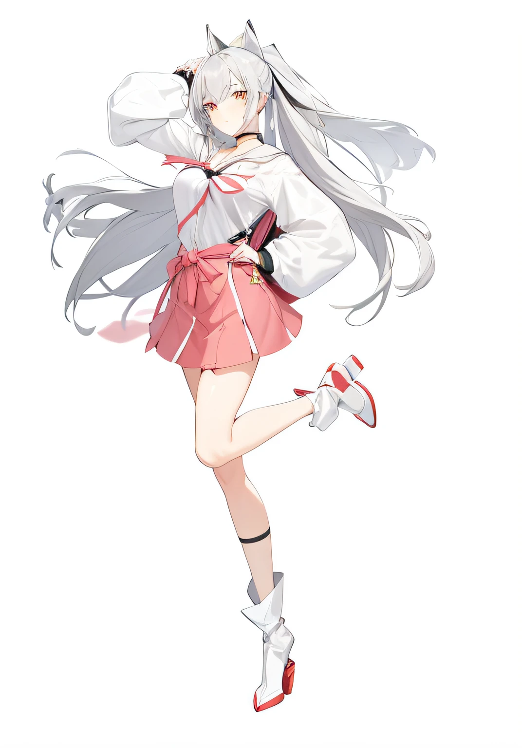 Anime girl with long hair and skirt with bag, yandere. tall, Gapmoe Yandere, Kantai Collection Style, render of april, Silver hair (Ponytail), azur lane style, nyaruko-san, from girls frontline, Tifa Lockhart with gray hair, white hair floating in air, anime vtuber full body model