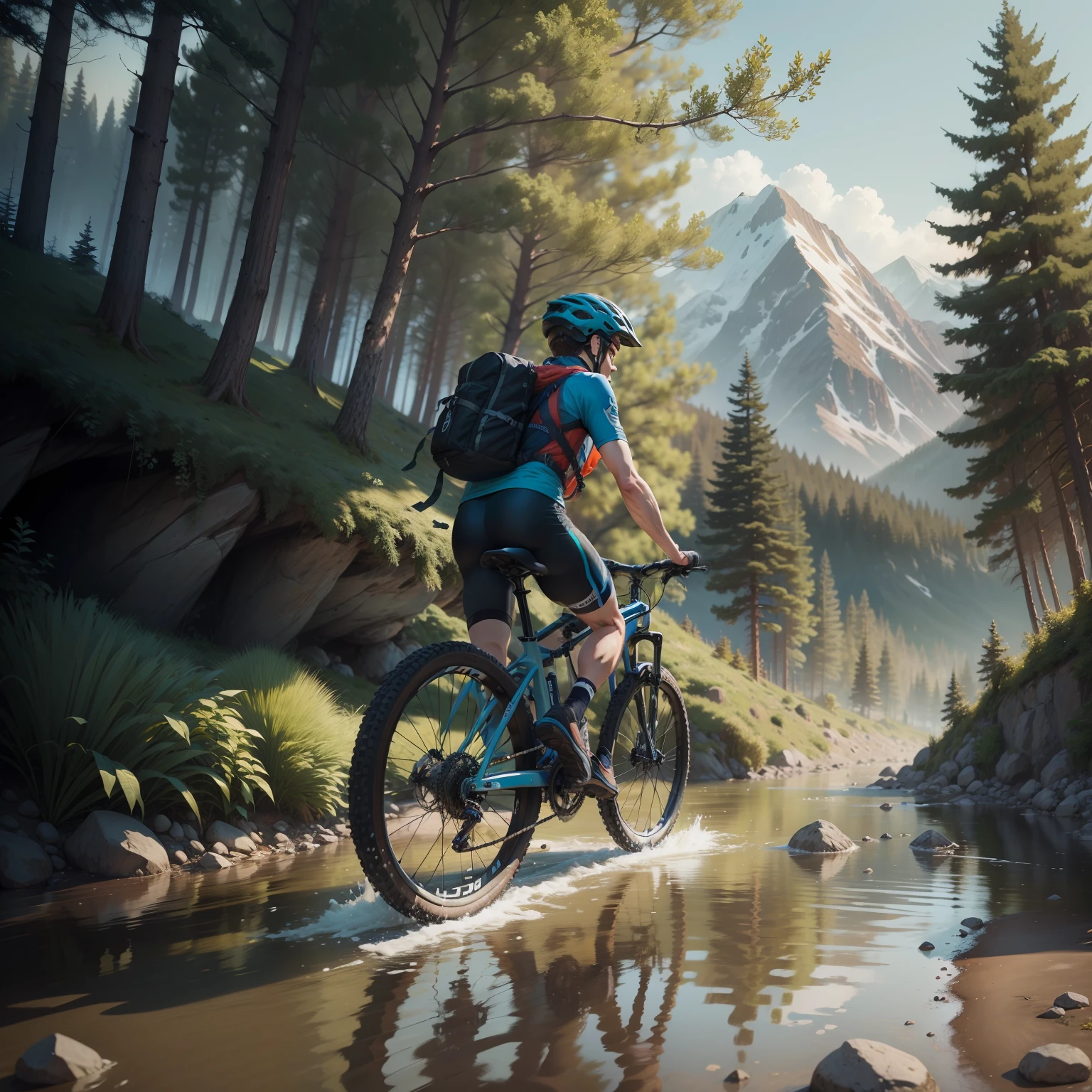 A adult boy,ride a mountain bike,wear helmet,he cross a river with bike,some tree present, realistic, 4k