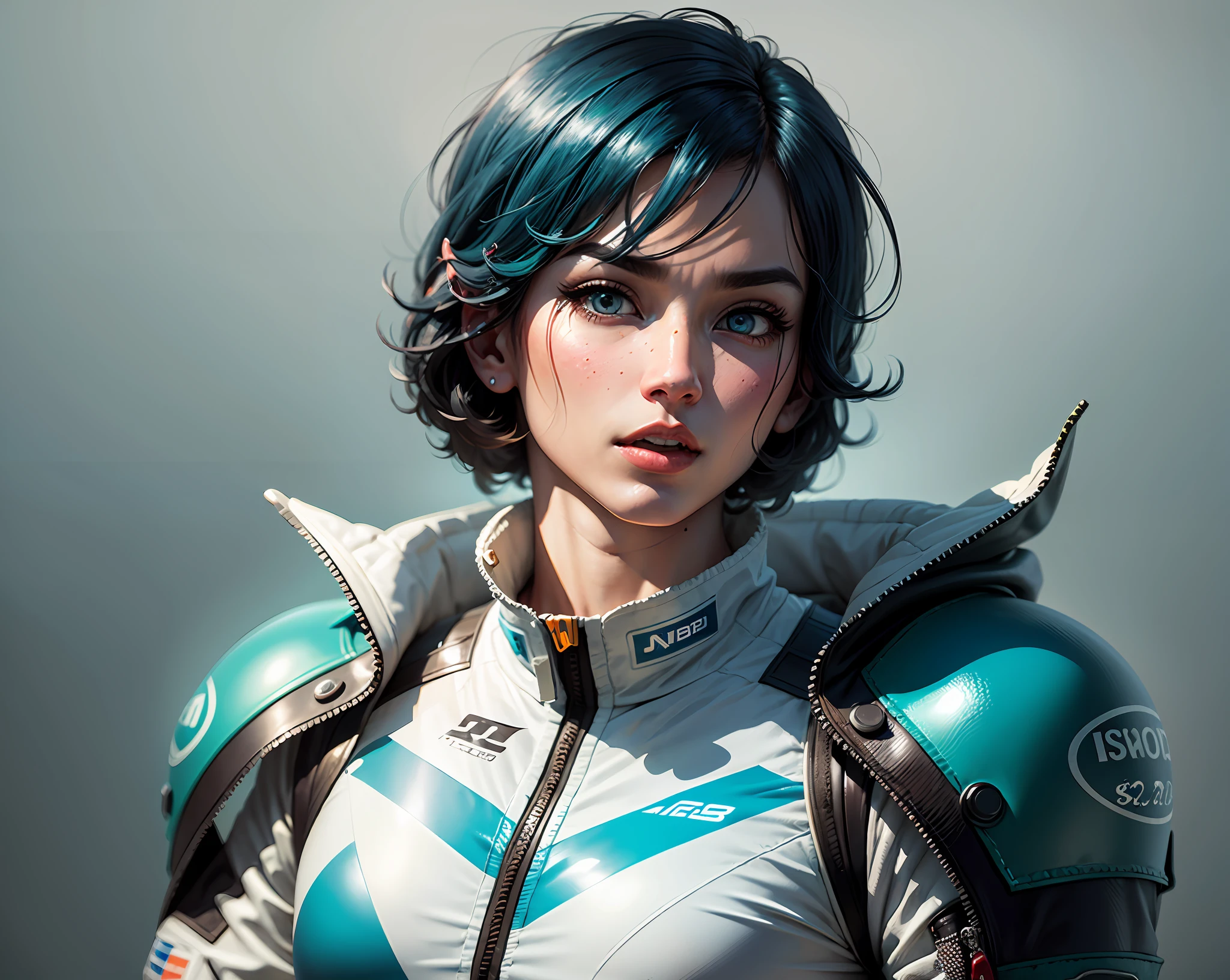 a v8 supercar modeled on a blue background, in the style of retro filters, dark white and light cyan, zbrush, expressive character design, neo-traditional japanese, 1970s, shiny eyes --auto --s2