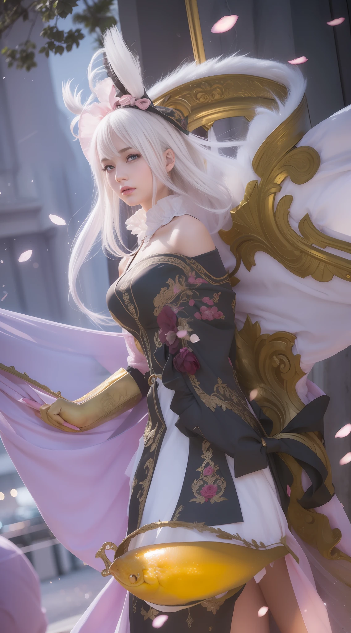 1girl, realistic, hd, white hair, Beautiful, pink dress,