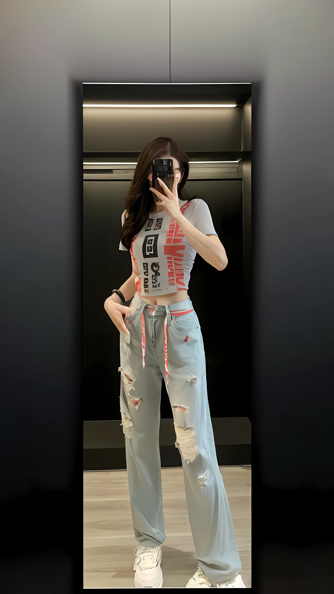 ((Realistic lighting, best qualtiy, 8k, tmasterpiece:1.3)), sharp fokus:1.2, 1girl, Beautiful Women with Perfect Figure:1.4, Slim abs:1.1, ((dark brown  hair)), (White crop top:1.4）
