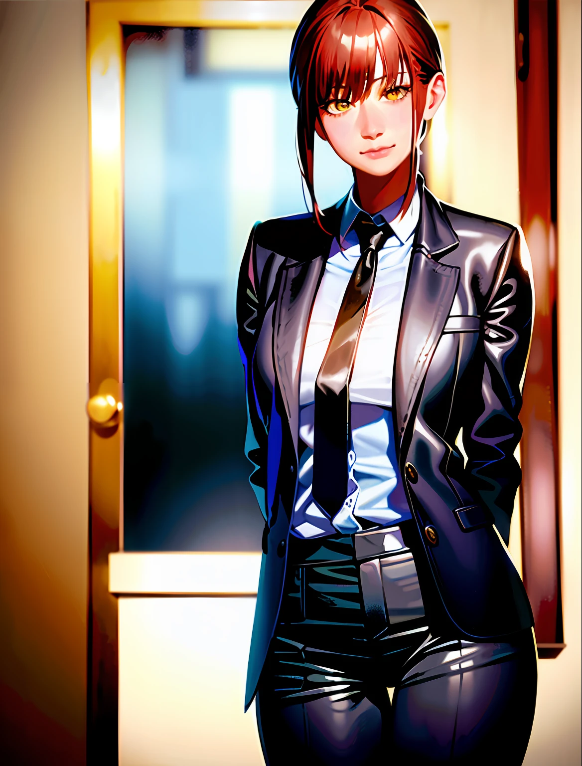 detailed shiny skin, (realistic, photo-realistic:1.4), a pretty girl, standing, looking out of window, white shirt, collared shirt, black necktie, black trousers, long sleeves, slight smile (nose blush), yellow eyes + ringed eyes, short hair + red hair + long braided hair, makima \(chainsaw man\)