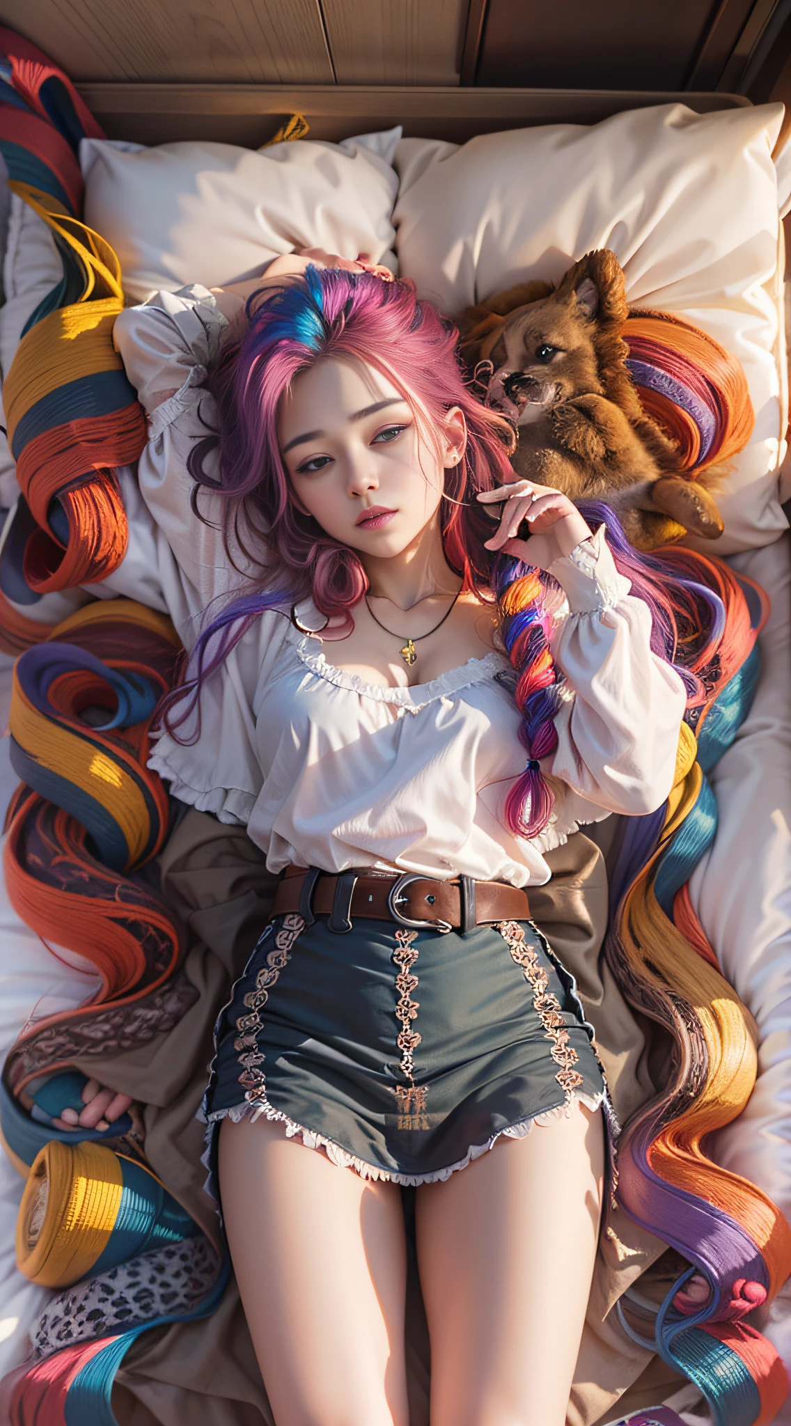 beautiful girl, lying on the bed, rainbow hair, side drill, wince, Conceptual art, Northern Renaissance, god rays, from above, UHD, anatomically correct, high quality, 8k