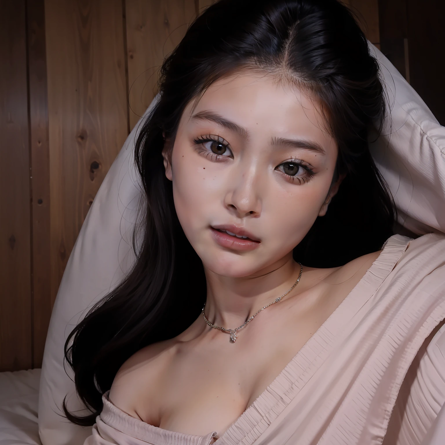 Delicate facial features,Full makeup for Asian women,(26 year old:1.5)Expression enjoyment,Long hair shawl,Lie down in bed,Shoot from top to bottom,Eyes look at the viewer,Eyes are confused