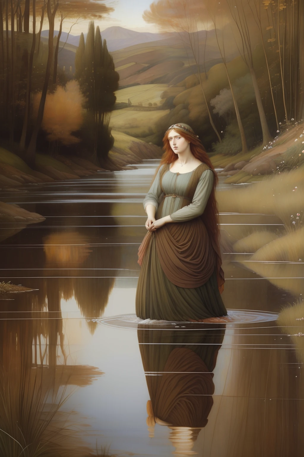 "(((Pre-Raphaelite painting))) salmon jumps out of a lake, peixe, peixes, aveleiras, ramos e folhas de aveleira, jovem de cabelos loiros celta, roupas claras, paisagem celta, tons outonais.