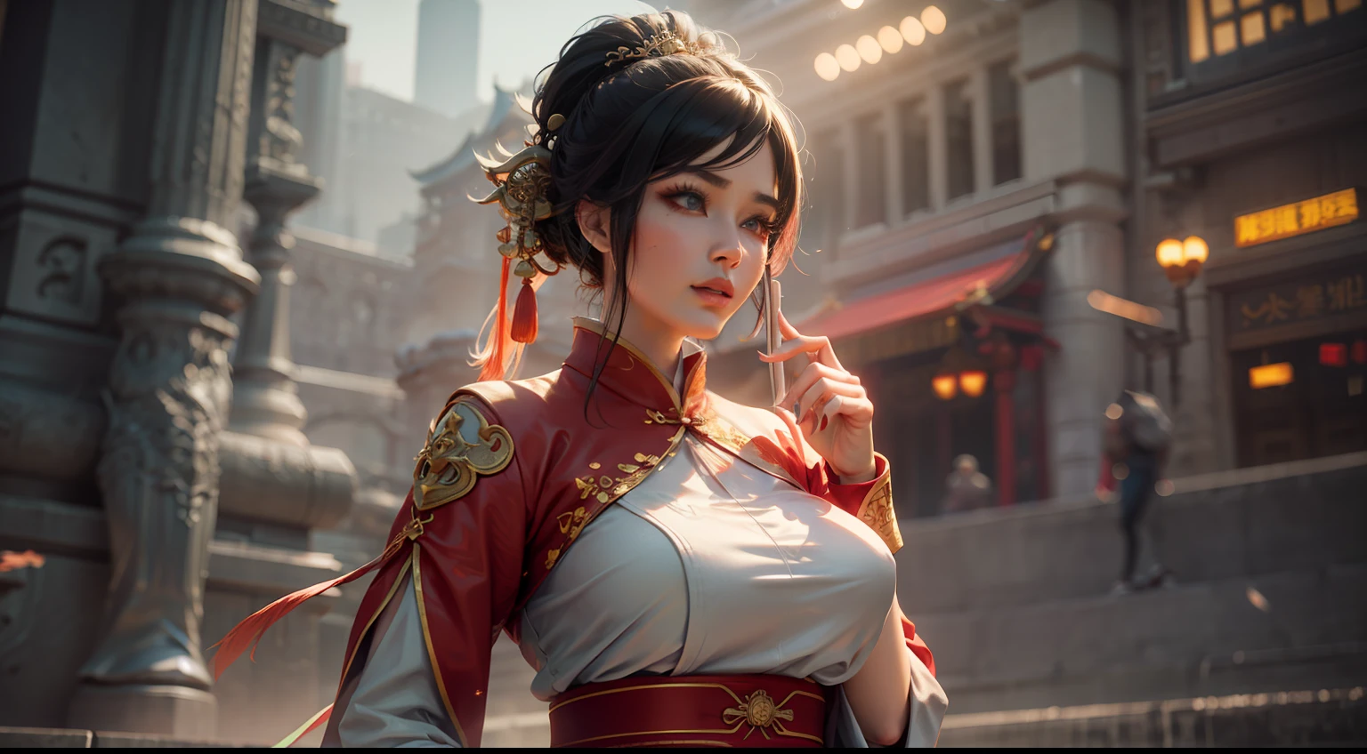 Full HD rendering + 3d octane render + Unreal Engine 5 graphics 4k UHD + huge detail + Dramatic lighting + well-illuminated + 复杂 + finely detailled + rendering by octane + Ray traching + 8K + Clear focus +hight contrast, Chinese_clothes,Cyberhanfu,on cheongsam, Surrounded by dragons,