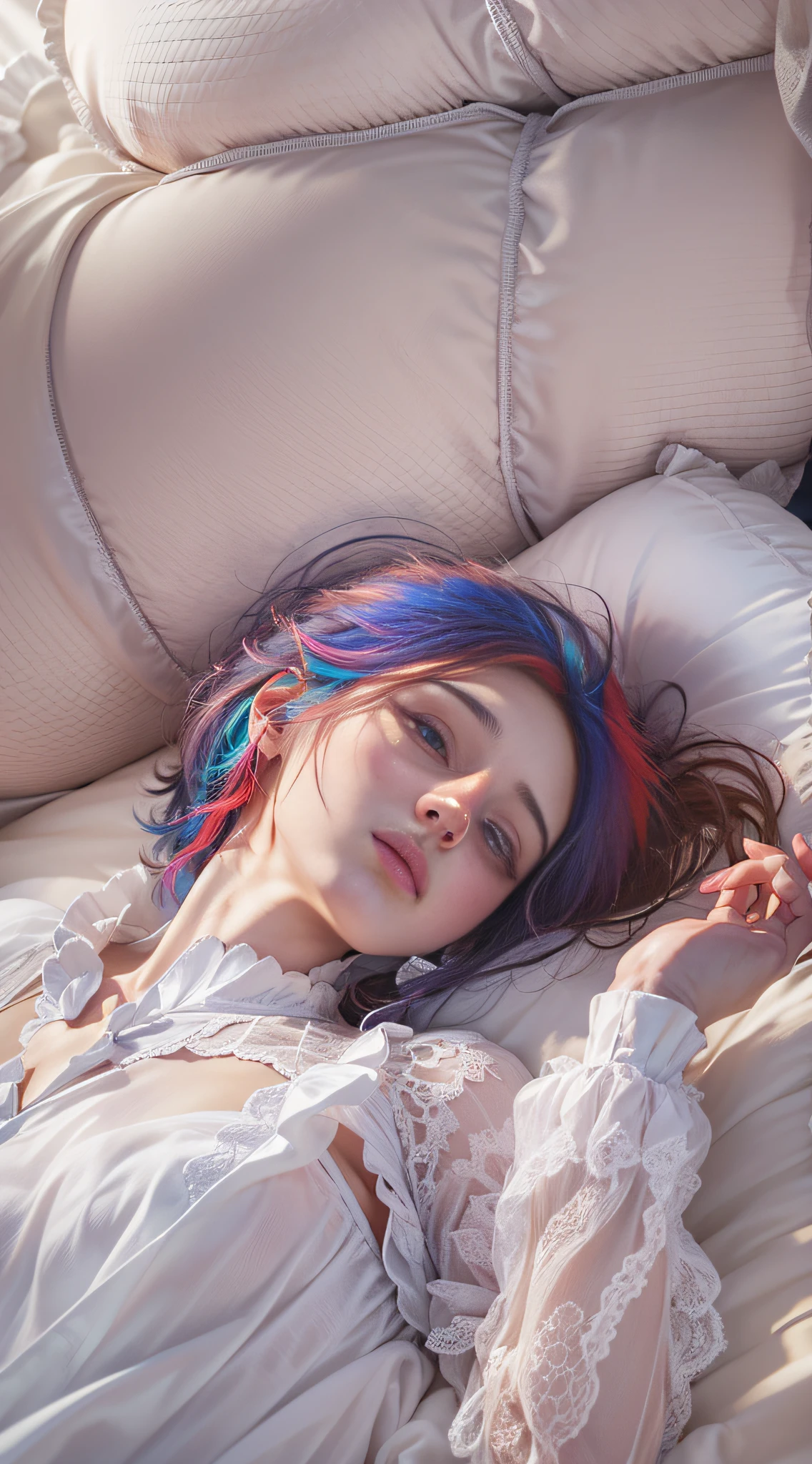 beautiful girl, lying on the bed, rainbow hair, side drill, wince, Conceptual art, Northern Renaissance, god rays, from above, UHD, anatomically correct, high quality, 8k