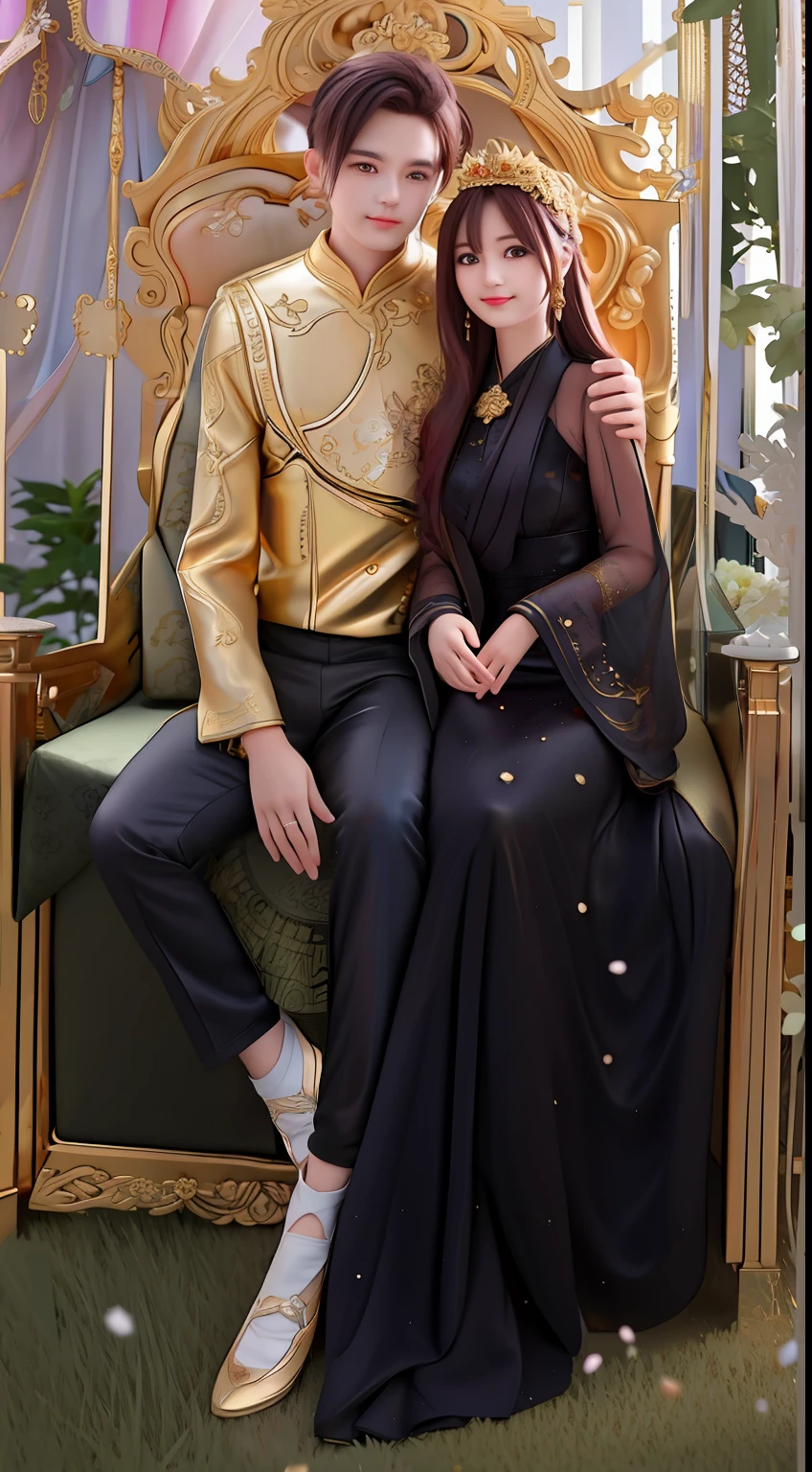 there is a man and woman sitting on a gold throne, lovely couple, couple pose, taken with sony alpha 9, very very high quality picture, edited, full body photogenic shot, taken with the best dlsr camera, with black, shot on canon eos r5, shot on canon eos r 5, happy couple