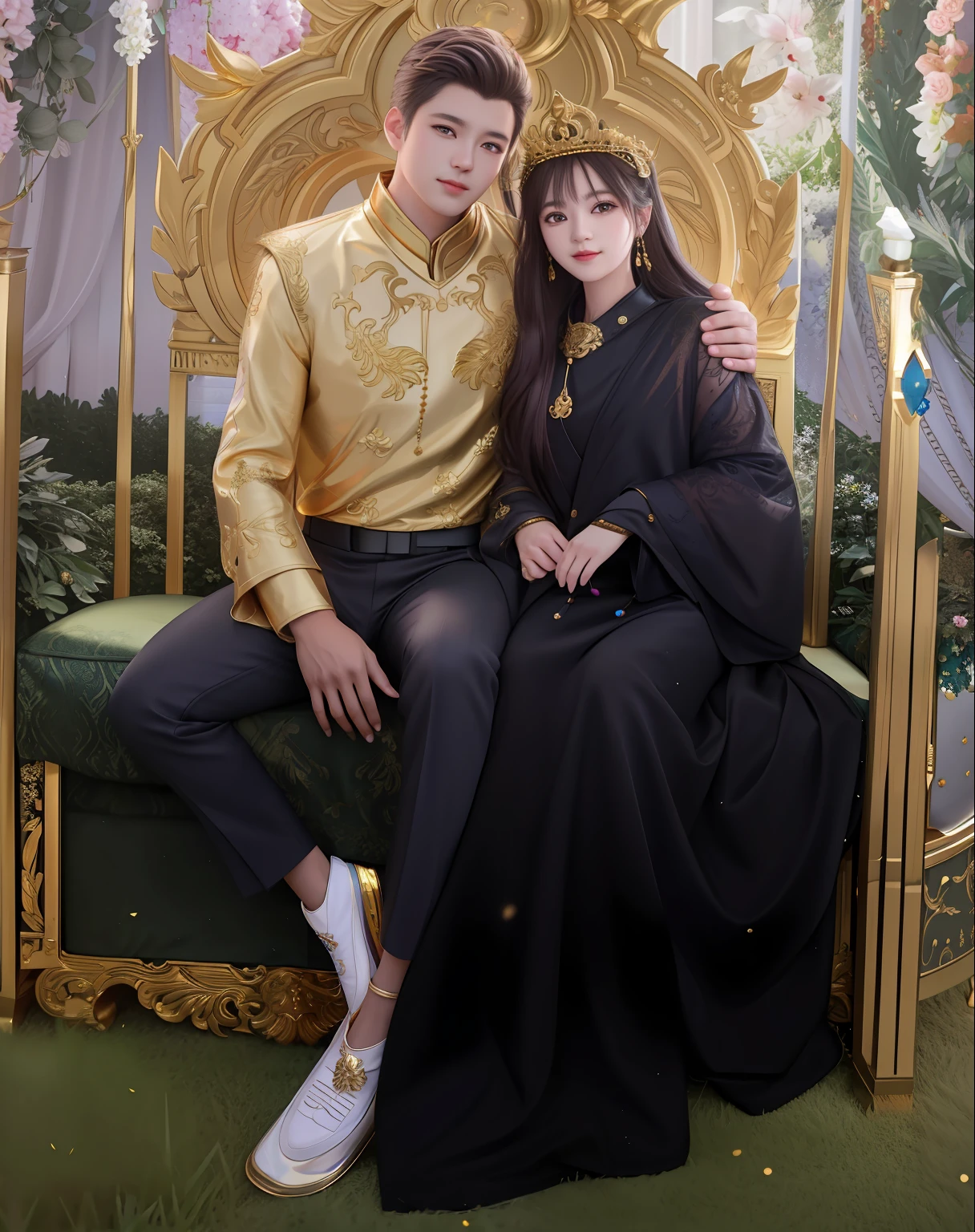 there is a man and woman sitting on a gold throne, lovely couple, couple pose, taken with sony alpha 9, very very high quality picture, edited, full body photogenic shot,  taken with the best dlsr camera, with black, shot on canon eos r5, shot on canon eos r 5, happy couple