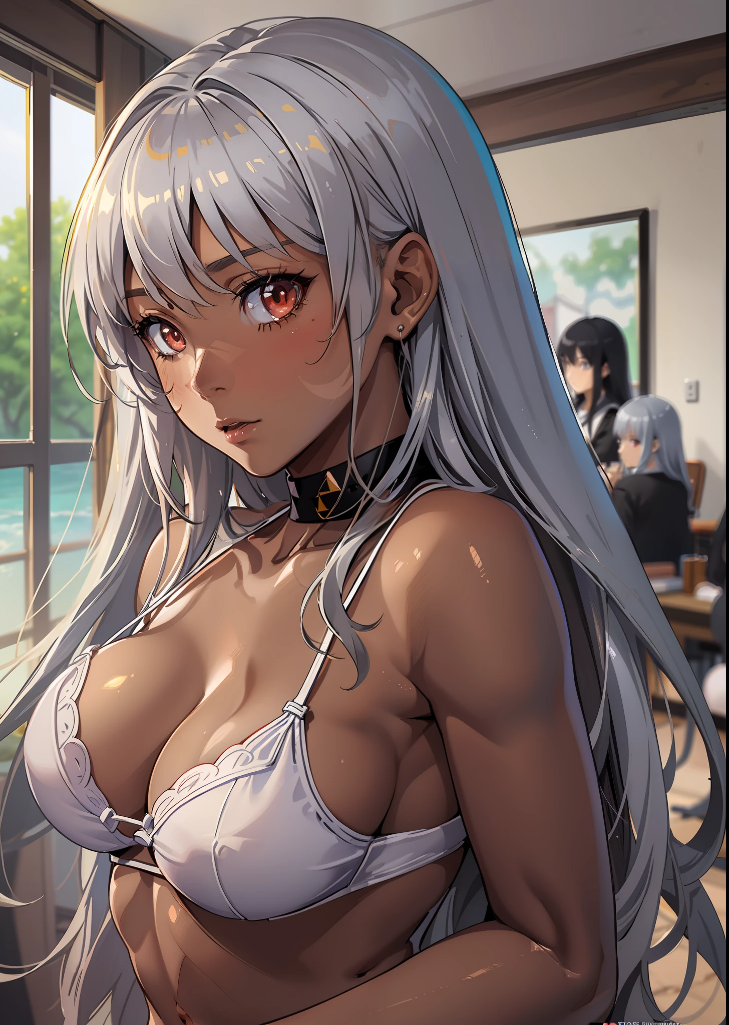 ((((Top image quality、masuter piece、top-quality、Healthy images、Long body、large full breasts、Split abs、Silver hair、Brown skin color、Red Eyes、Dynamic Poses、A look of shame、The bikini、maikurobikini、White Bikini)))、(((Very marked camel toe)))、sea side、Happy look、(((((Black skin))))),((((darkskin)))),((sun burn))、Realistic skin type、an anime girl、Detailed Digital Anime Art、A seductive anime girl、extremely detailed art germ、a hyperrealistic schoolgirl、Ilyakukvshinov、Smooth Anime CG Art、Ultra Realistic Woman、ig model、ArtGerm、photo-realistic anime girl、digital anime art