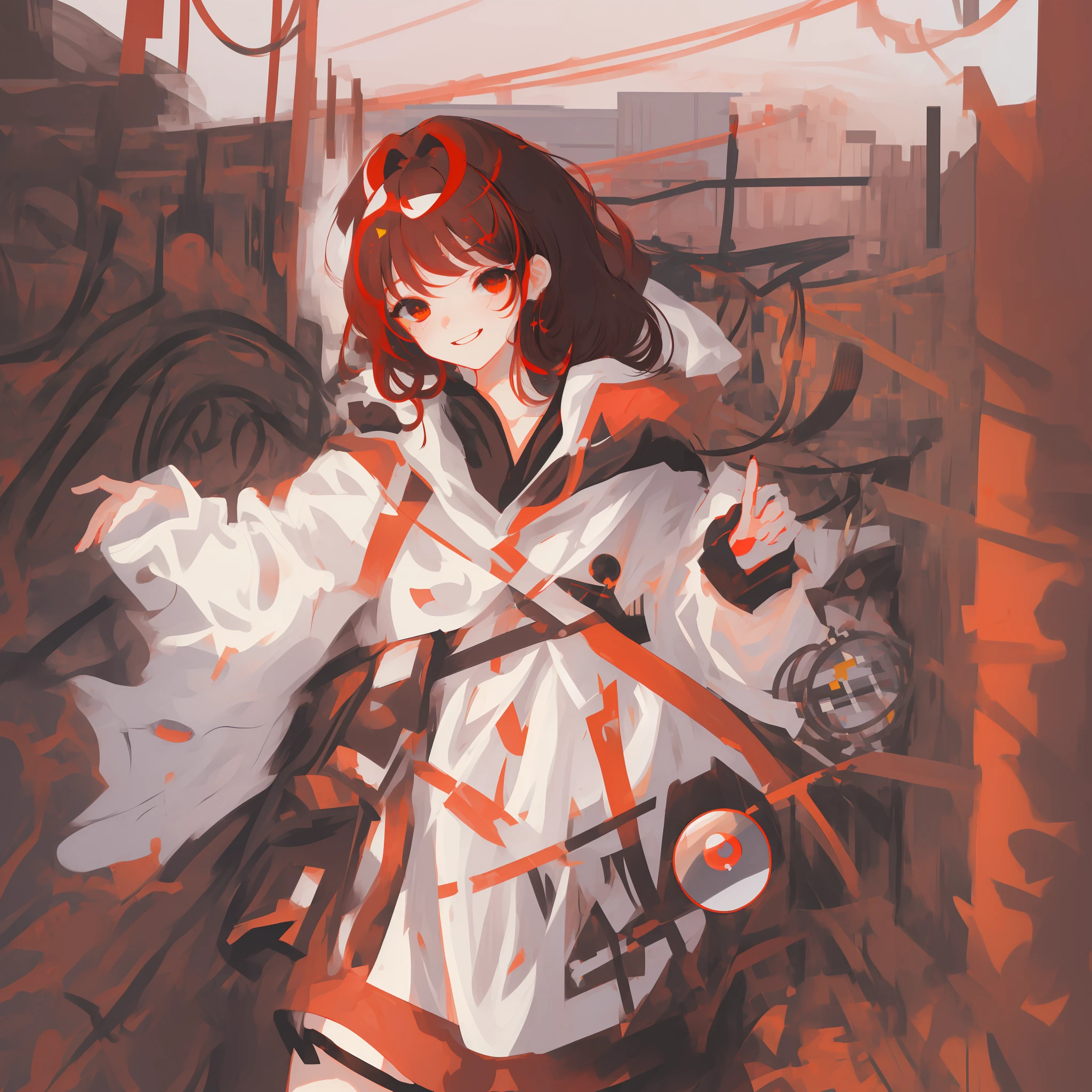 UHD,(high-definition resolution:1.2),Skin Gloss,(Best Quality:1.1),(Masterpiece),(Best Quality),Smile,(Beautiful Detail Face). Girl 1, Red Katana, circuits, (white eyes:1.2), (dark colored hair:1.2)