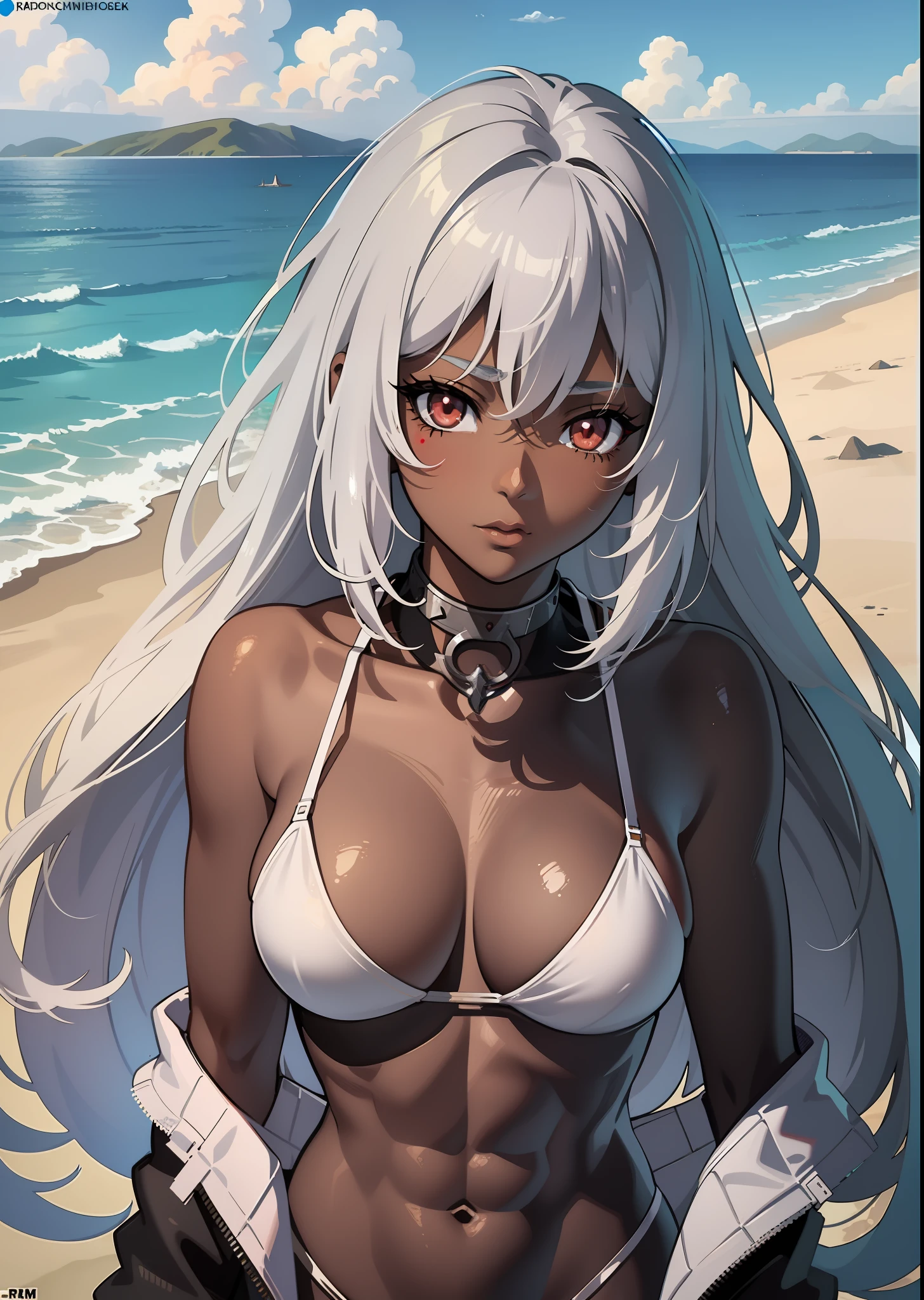 ((((masuter piece、top-quality、Healthy images、Long body、large full breasts、Split abs、Silver hair、Brown skin color、Red Eyes、Dynamic Poses、A look of shame、The bikini、maikurobikini、White Bikini)))、(((Very marked camel toe)))、sea side、Happy look、(((((Black skin))))),((((darkskin)))),((sun burn))、Realistic skin type、an anime girl、Detailed Digital Anime Art、A seductive anime girl、extremely detailed art germ、a hyperrealistic schoolgirl、Ilyakukvshinov、Smooth Anime CG Art、Ultra Realistic Woman、ig model、ArtGerm、photo-realistic anime girl、digital anime art
