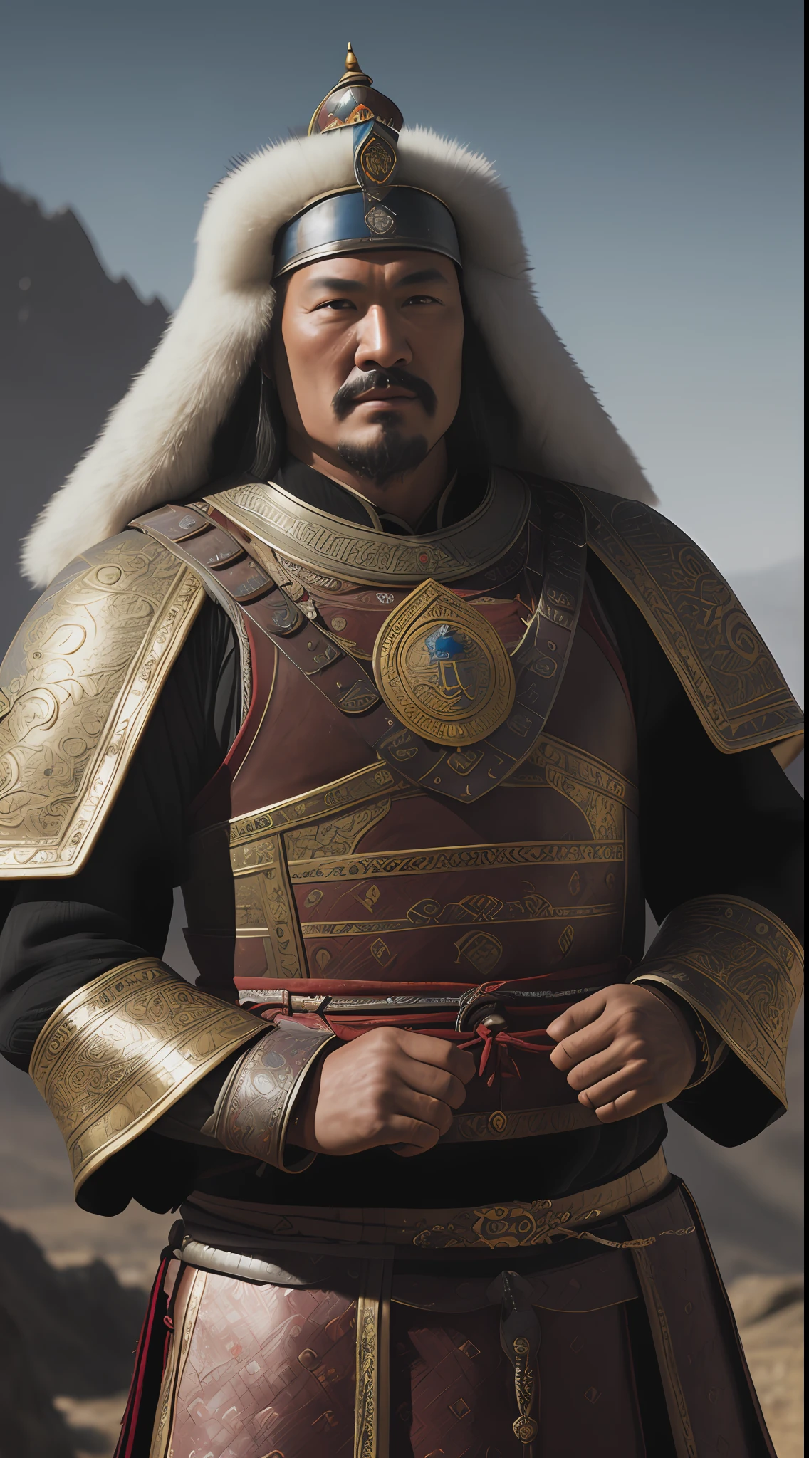 {Genghis Khan in his traditional Mongolian warrior attire, showcasing an intimidating appearance and a heroic posture, accurate depiction of the 13th-century Mongol Empire era}, Type of Image: Oil Painting, Art Styles: Medieval Realism, Art Inspirations: Greg Rutkowski, Camera: EE 70mm (front view:1.3), Shot: Long Shot, Render Related Information: (hyper detailed:1.2), (4K:1.25), (HDR:1.2), (Rutkowski:1.1), (natural light:1.15).